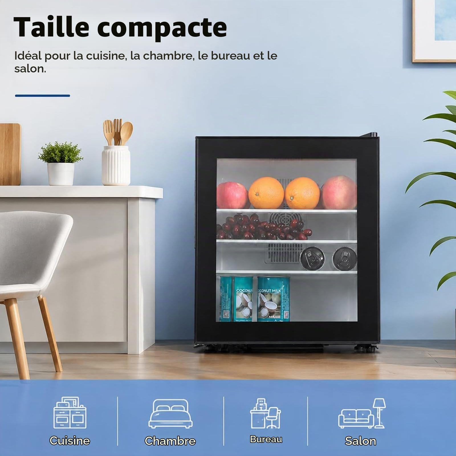 Réfrigérateur vertical une porte, avec porte vitrée et serrure 40L
