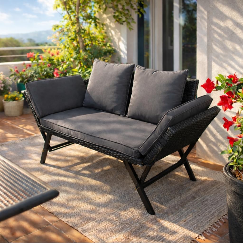 Panchina da giardino in polyrattan 3 in 1 con funzione sdraio, divano da balcone a 2 posti, pieghevole, braccioli pieghevoli, rivestimenti rimovibili, mobili da salotto per giardino, balcone