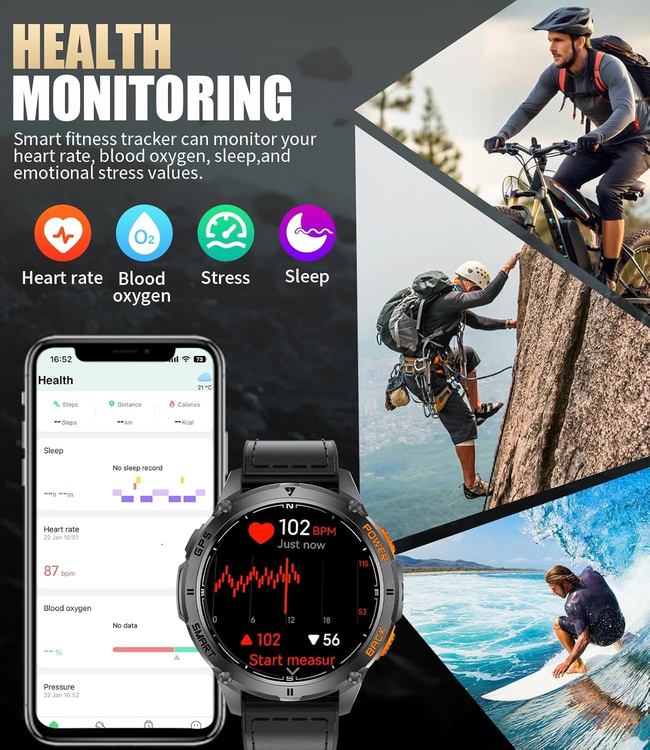LIGE Integriertes GPS Smartwatch Herren, 1,43 Zoll AMOLED Smart Watch mit LED Taschenlampe for Android & iOS, 5ATM Wasserdicht, 300+ Zifferblätter, Kompass/Höhenmesser, 170+ Sportmodi, Graphitschwarz