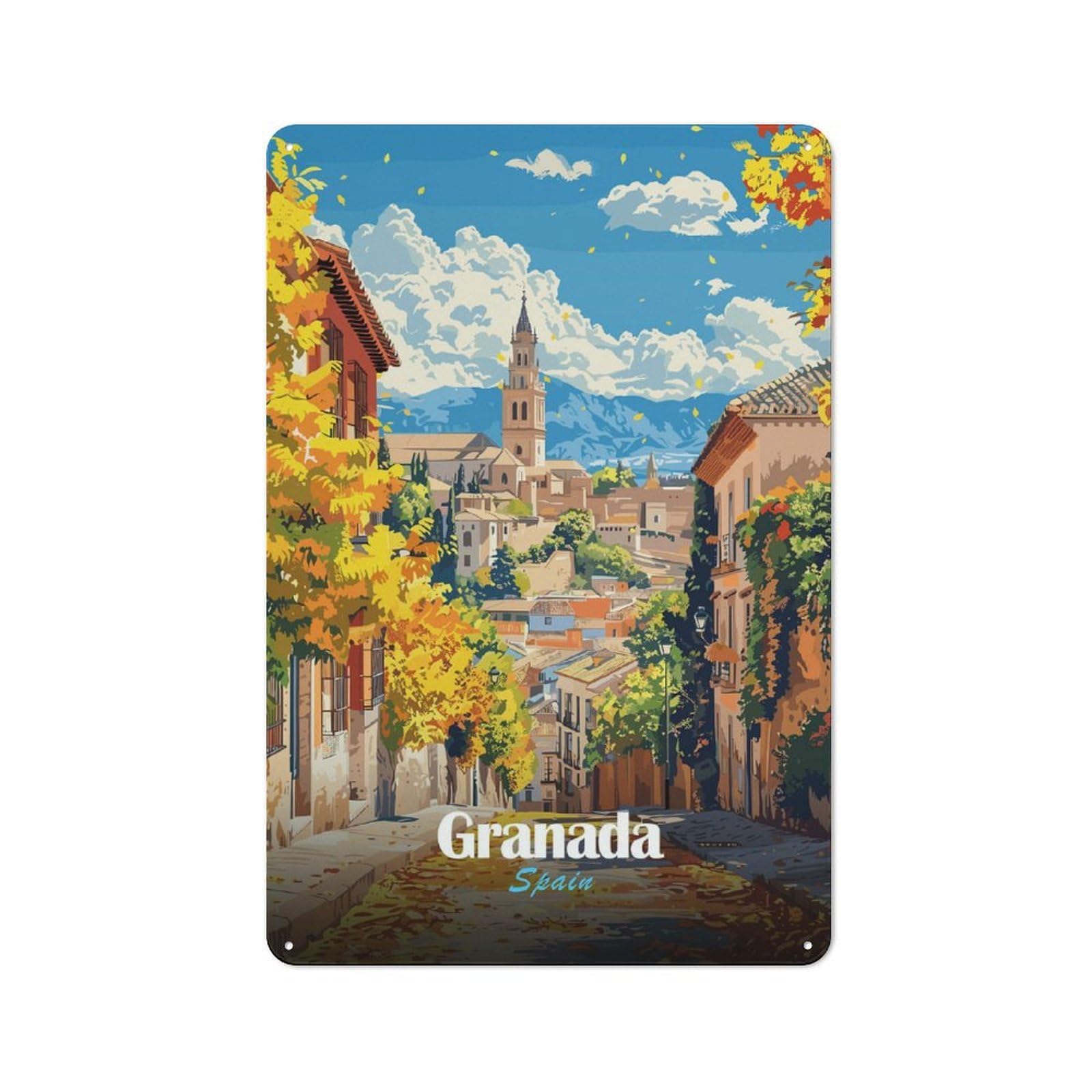 Junmoney Granada, Spain, Autumn Cityscape Vintage Metal Plaque 30X20cm For Guest Room Or Hallway, A Decorative Christmas Gift For Guest Room Decorators