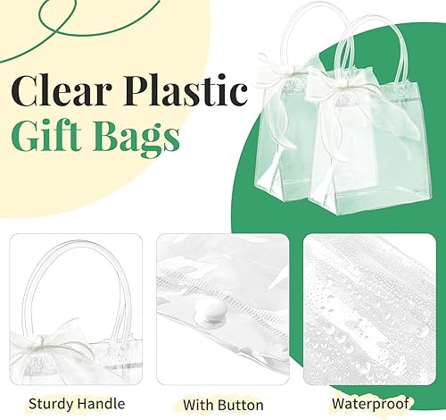 Miniatura 4 de CLUEWR Paquete de 24 bolsas de regalo transparentes con asa, bolsas reutilizables de plástico PVC para regalo con cinta, bolsas de regalos para