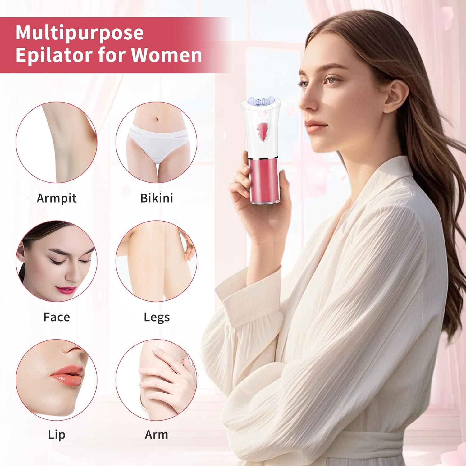 Epilator for Women Facial Hair Removal, Smooth Glide Electric Epilator with LED Light, Rechargeable Electric Hair Remover for Face, Bikini, Arms & Legs, Women's Electric Tweezers for Facial Use