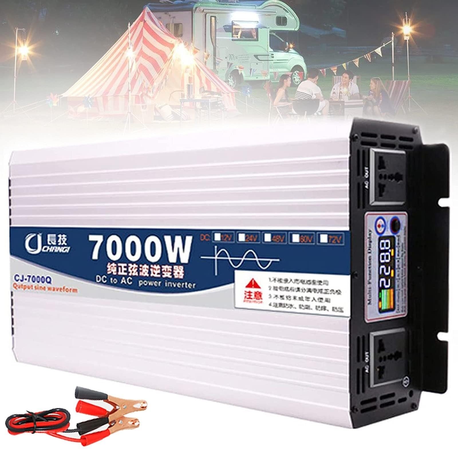 PWANUIGTE Pure Sine Wave Power Inverter DC 12V 24V 48V 60V to AC 110V 220V Car Converter with Dual Outlets & LCD Smart(24Vto220V,7000W)