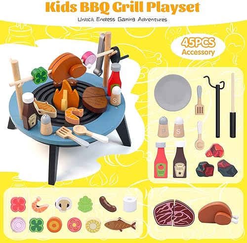 Miniatura 4 de Juego de parrilla para niños, 45 piezas de parrilla para niños con modo de brocheta giratorio, juego de cocinero, juguete de cocina, regalo de