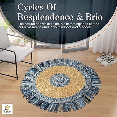 Miniatura 7 de GRUHUM Alfombra redonda de yute de algodón, con flecos azules, 6 pies, colección de fibra natural, hecha a mano, con encanto bohemio, suave, para