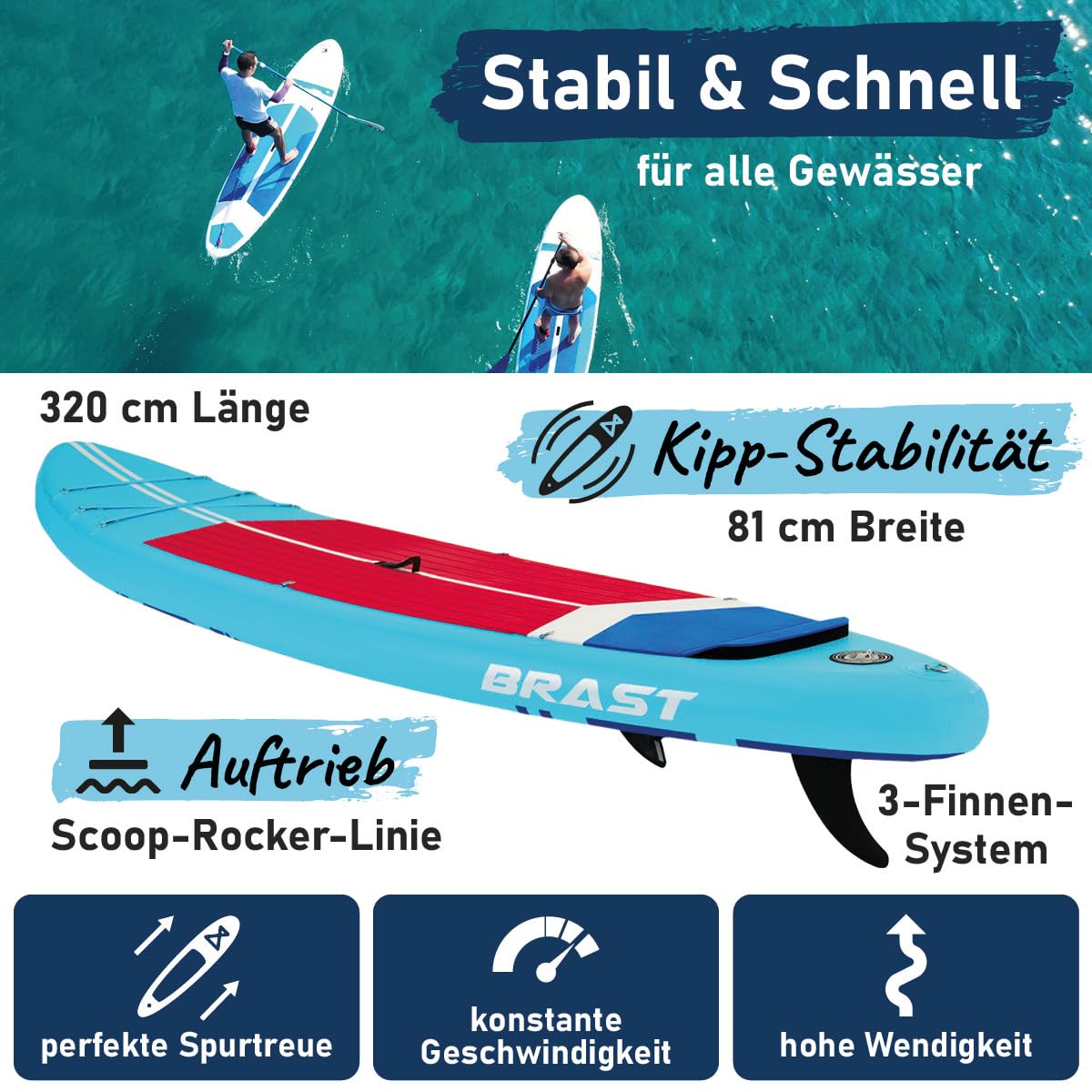 BRAST SUP Board Turtle | Aufblasbares Stand up Paddle Set | 320x81x15cm | 4 Designs | 5 Jahre Garantie | inkl. Sonderzubehör