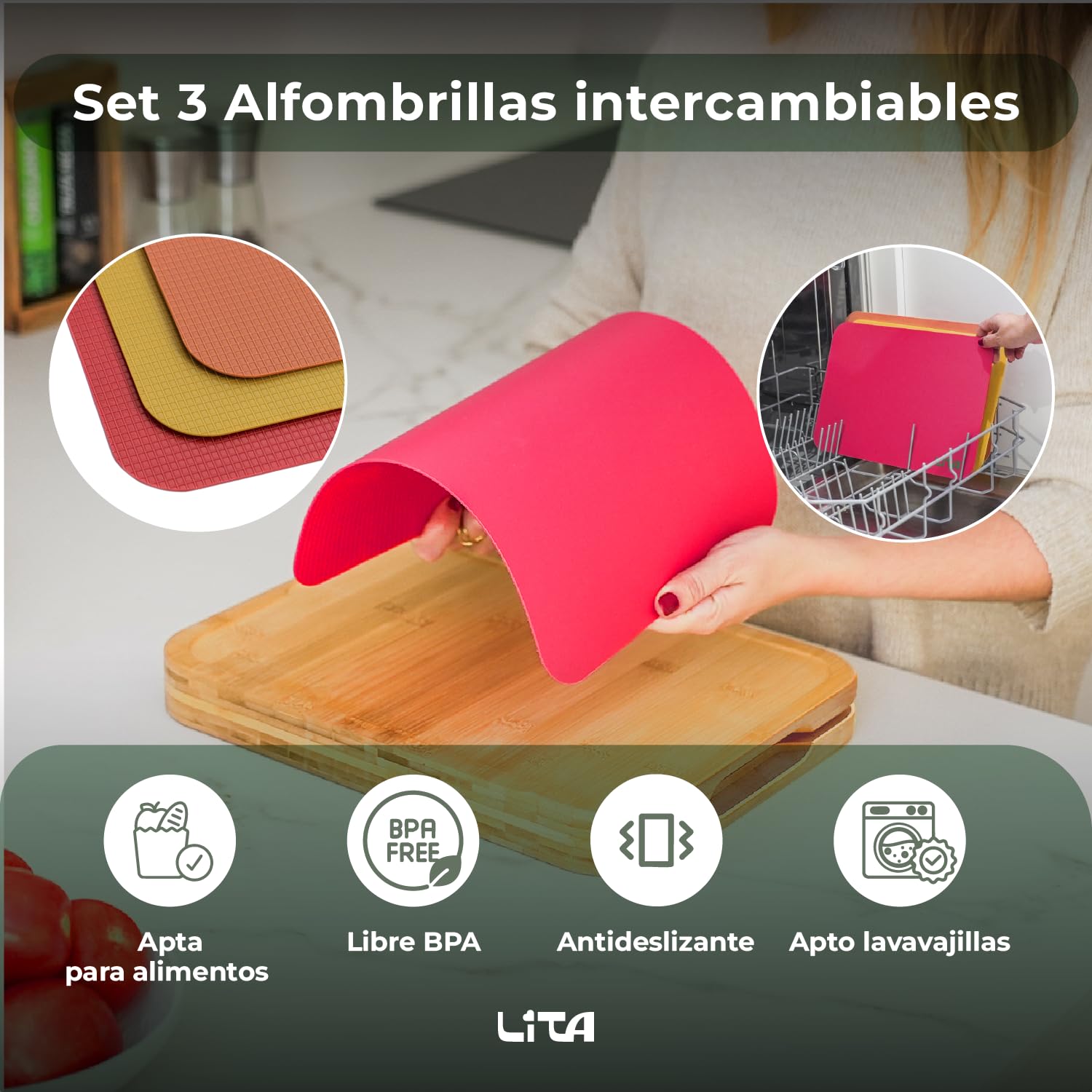 Lita Store Planche à découper multifonction en bois de bambou avec 3 tapis interchangeables flexibles PP Ustensiles de cuisine Double face Sans BPA