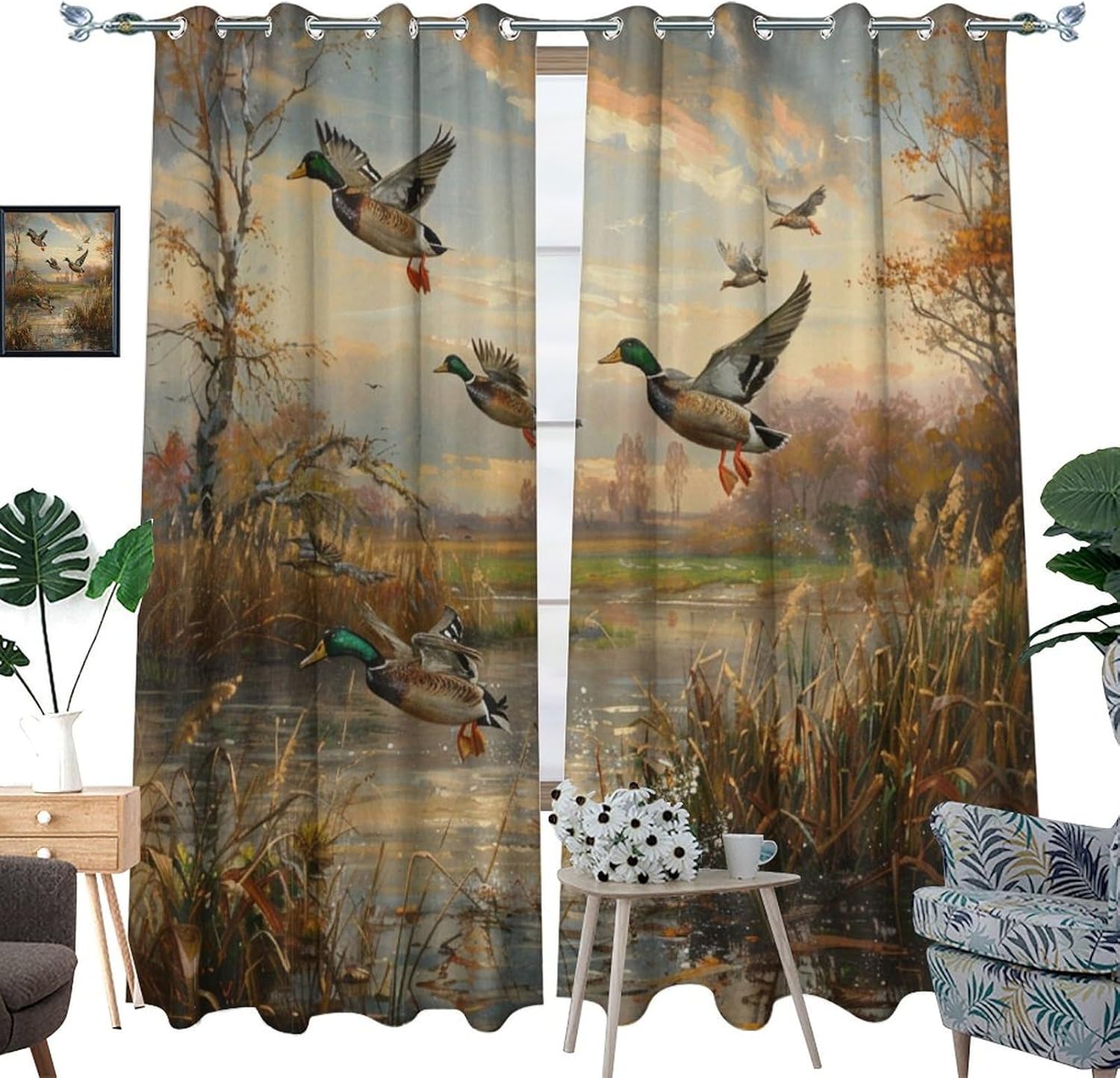 Farmhouse Mallard Duck Grommet Blackout Curtains for Bedroom, Retro Jungle Reed Lake Thermal Insulated Curtains Room Darkening Window Drapes, 21W x 45L, 2 Panels
