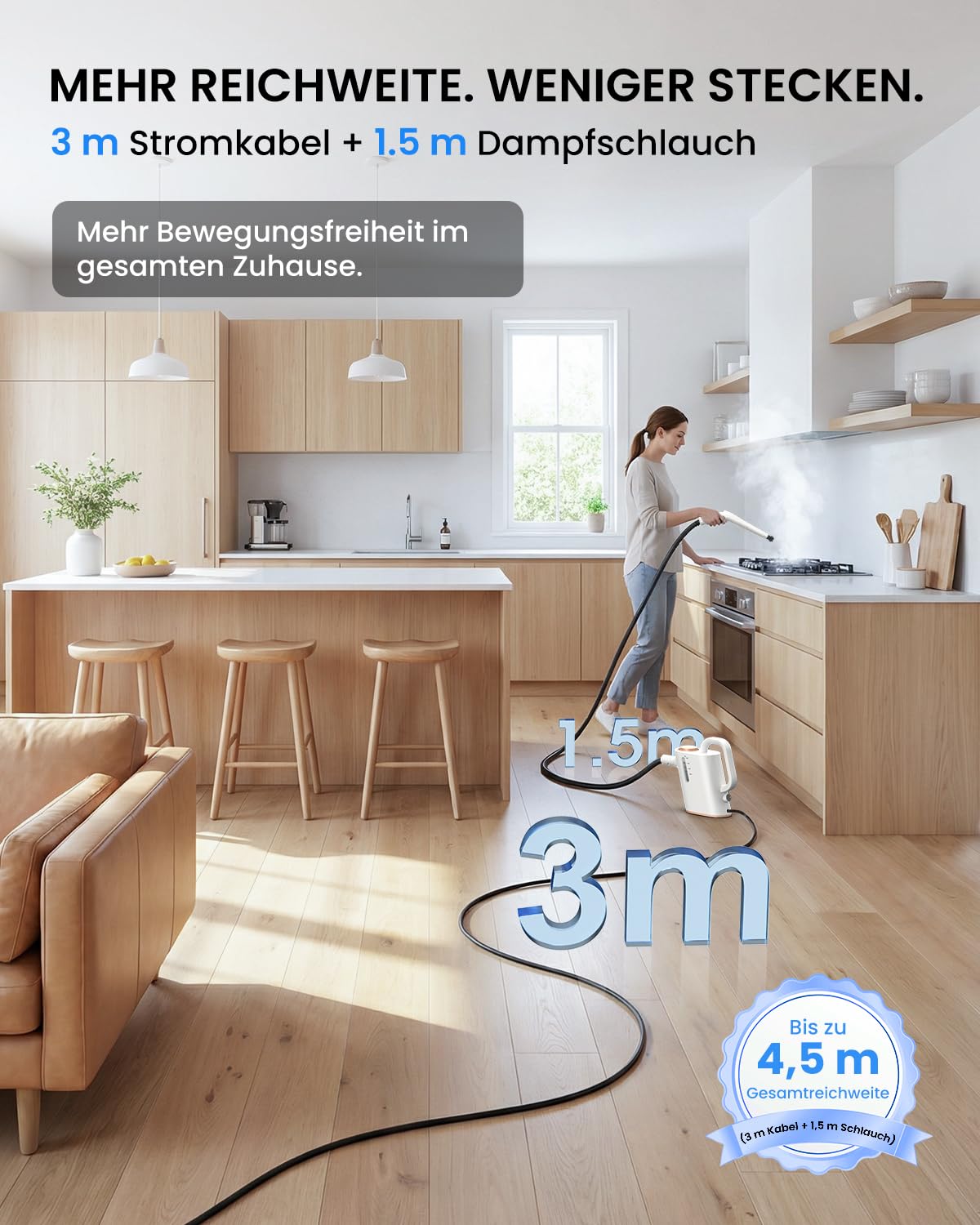 Dampfreiniger Handgerät, 15 Sek. Aufheizzeit, 550 ml Wassertank | 16 Zubehörteile, regulierbarer Dampf, 1,5 m Schlauch und 3 m Kabel für Bad, Küche, Fugen, Fensterrahmen und Polster