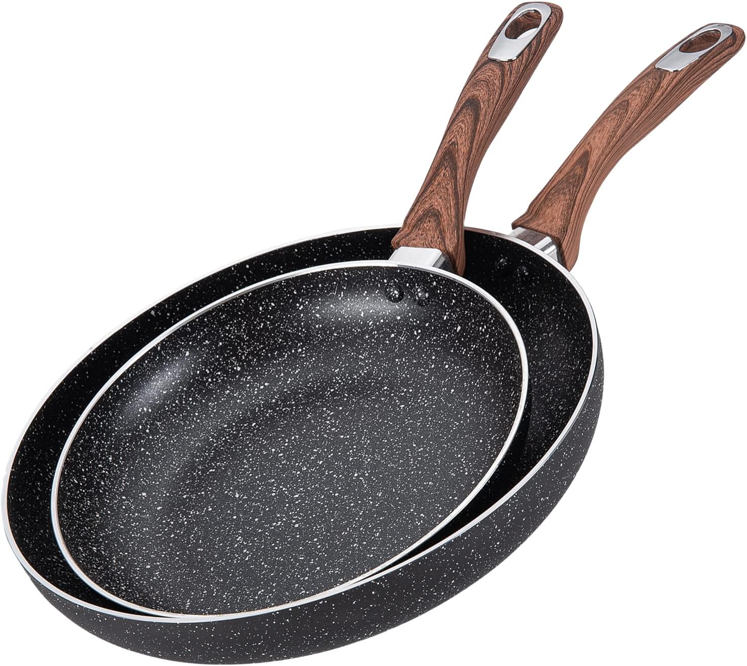 Hamilton Beach Fry Pan 2pc Set Aluminum 9.5, & 12-Inch, Nonstick Marble Coating, Wood like Soft Touch Handle, Non-Stick Grey Fry Pan Omelet Pans, Stone Cookware Chef's Pan, PFOA Free Induction Bottom