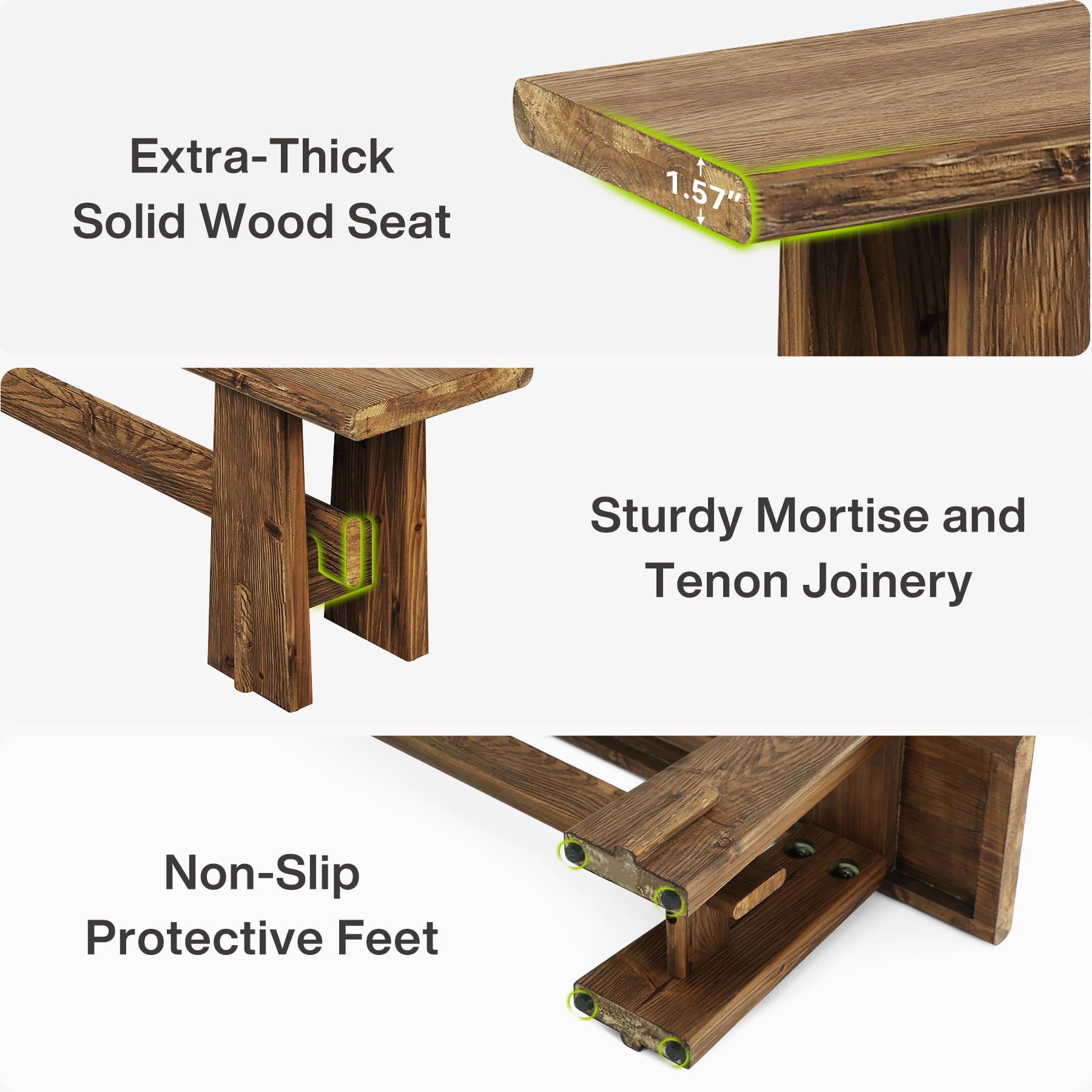 LITTLE TREE 59" Solid Wood Bench, Farmhouse Entryway Bench, Long Retro Bench for End of Bed, Dining Room, Entryway, Hallway, Living Room, Bedroom, Kitchen, Sturdy Frame Design, Rustic Brown