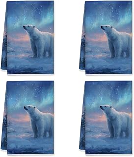 Polar Bear Kitchen Towels, Winter Nature Aurora Snow Winter Blue Reusable Tea Towels Everyday Kitchen Use 16x24 Inch (Set of 4)