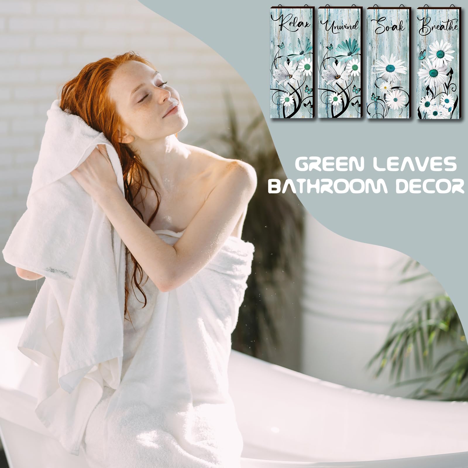 4 piezas de decoración de pared de madera de margarita verde azulado para baño, decoración de pared de madera verde azulado Relax Soak Unwind Breathe Flower Rustic Farm Sign turquesa azul 4