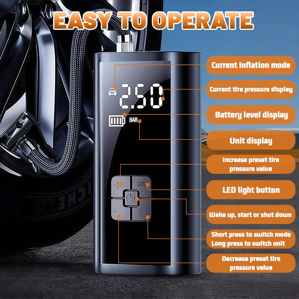 flintronic Compressore Aria Portatile Auto Senza Fili, Batteria Ricaricabile USB 12 V, Compressore ad Aria Portatile, Fino a 150 psi, Luce Led Integrata, 4 Adattatori per Ugelli, Adatta per Auto,Moto