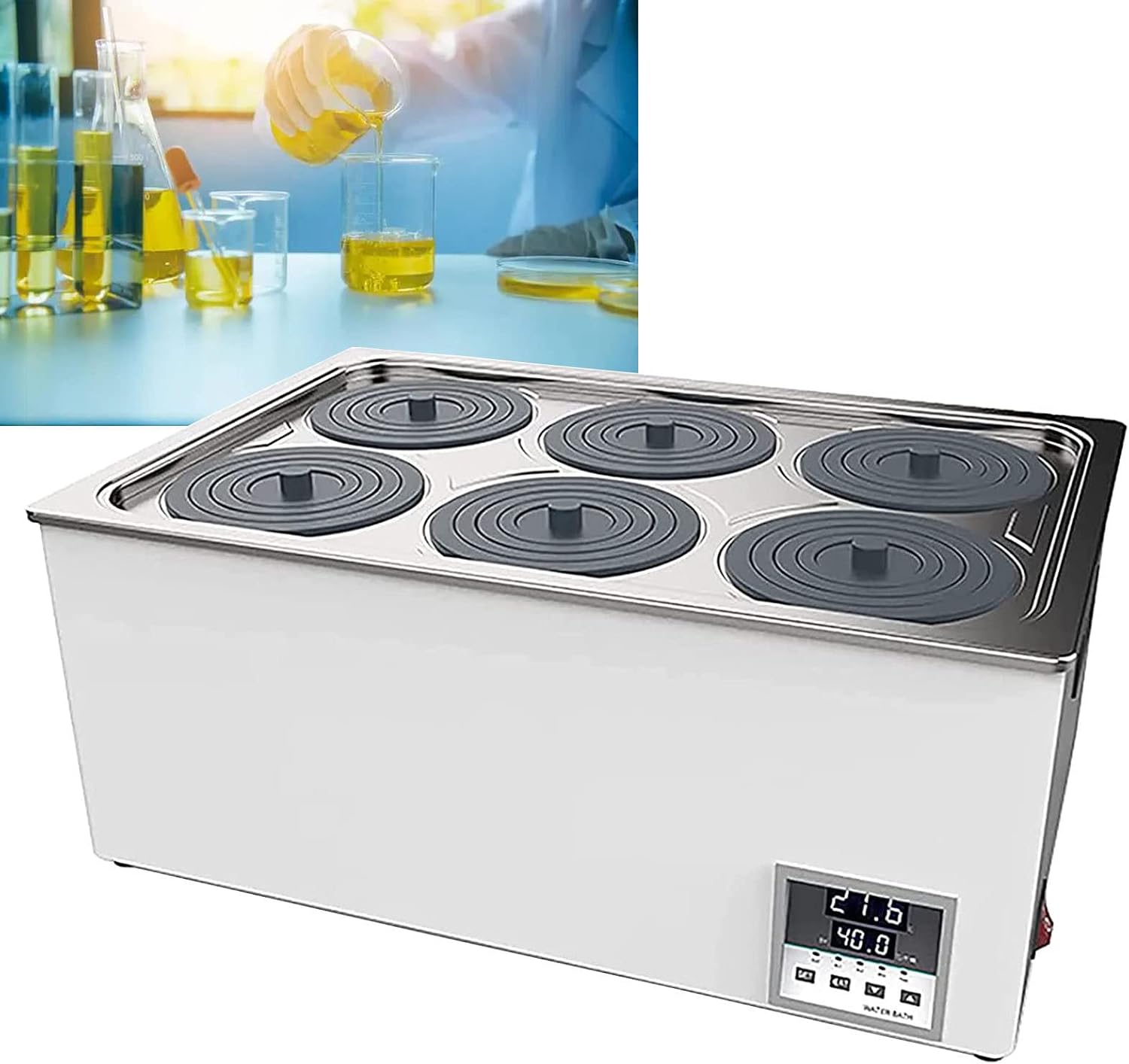 Six Holes Lab Digital Thermostatic Water Bath, 360° Cycle Heating, with Digital Display and Protective Cover Lid for Lab Use, RT 5 to 99.9°C