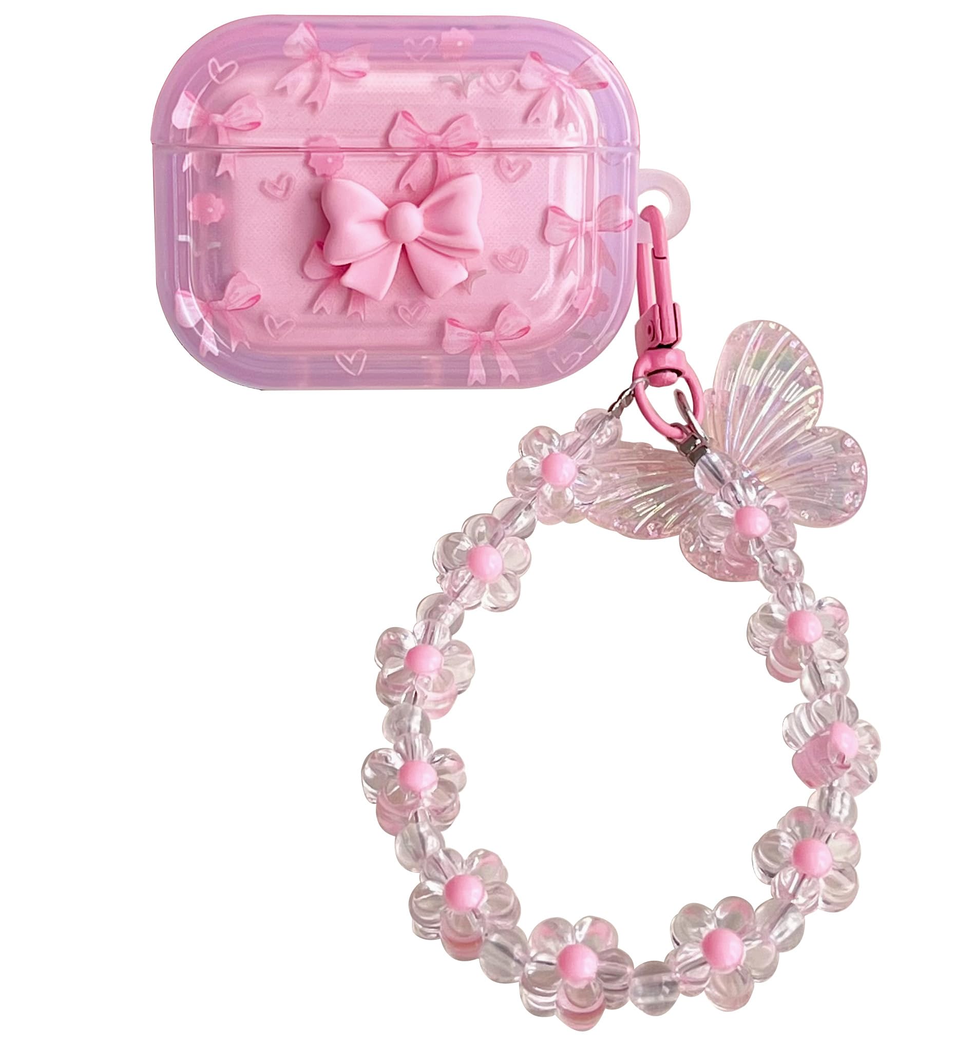Photo 1 of Compatible with AirPods Pro 3 Case, Cute Girly 3D TPU Silicone Protective Shockproof Kawaii Clear Cover Compatible with Apple Airpods Pro 3rd Generation 2025 with Keychain (Pink Bow+Butterflies)