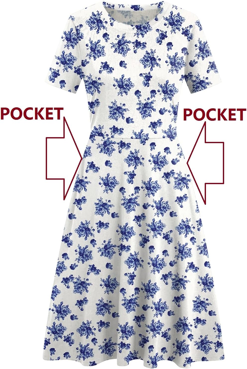 Women's Elegant Knee Length Dresses Vintage Summer Office Casual Floral Print Work Party A-Line Swing Dress with Pockets 162