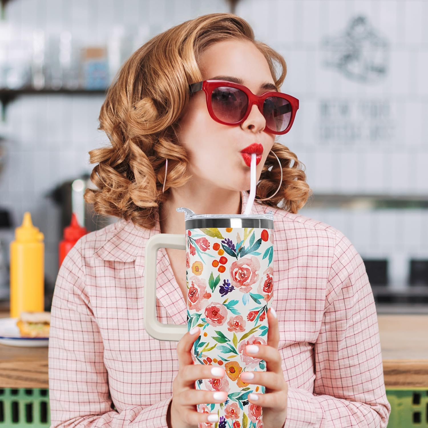 Ceovfoi Flower Tumbler with Handle Lid and Straw,40 Oz Watercolor Rose Bouquet Floral Tumbler Water Bottle Travel Coffee Cup Mug,Flower Gifts for Women,Flowers Decor,Accessories - Image 5