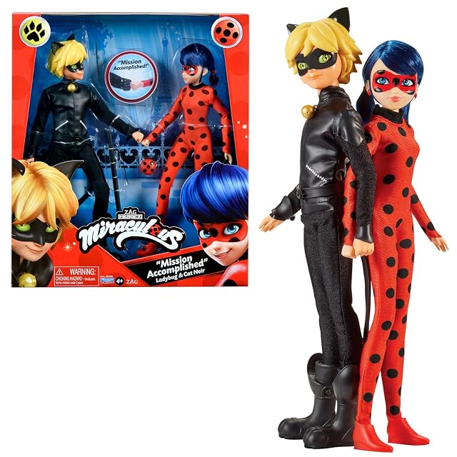 BANDAI - Miraculous Ladybug y Cat Noir - Pack de 2 Muñecos - Ladybug y Cat Noir - Multicolor - Muñecos articulados 26 cm - P50365