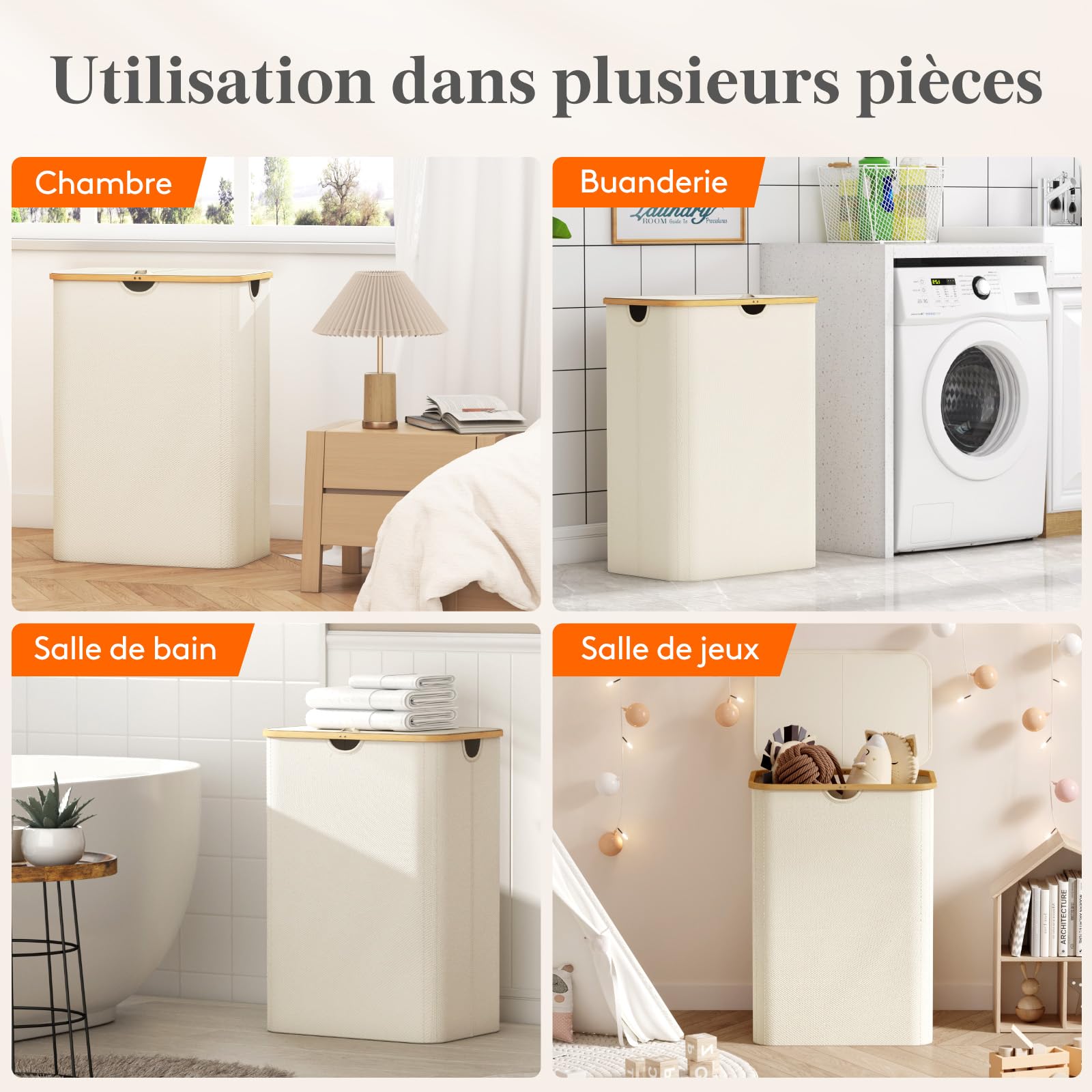 Lifewit Panier à Linge avec Sacs Amovibles, Grande Corbeille à Linge Pliable en Bambou avec Couvercle, Laundry Basket pour Chambre, Salle de Bain, Buanderie, 3 Compartiments, 170 L, Beige
