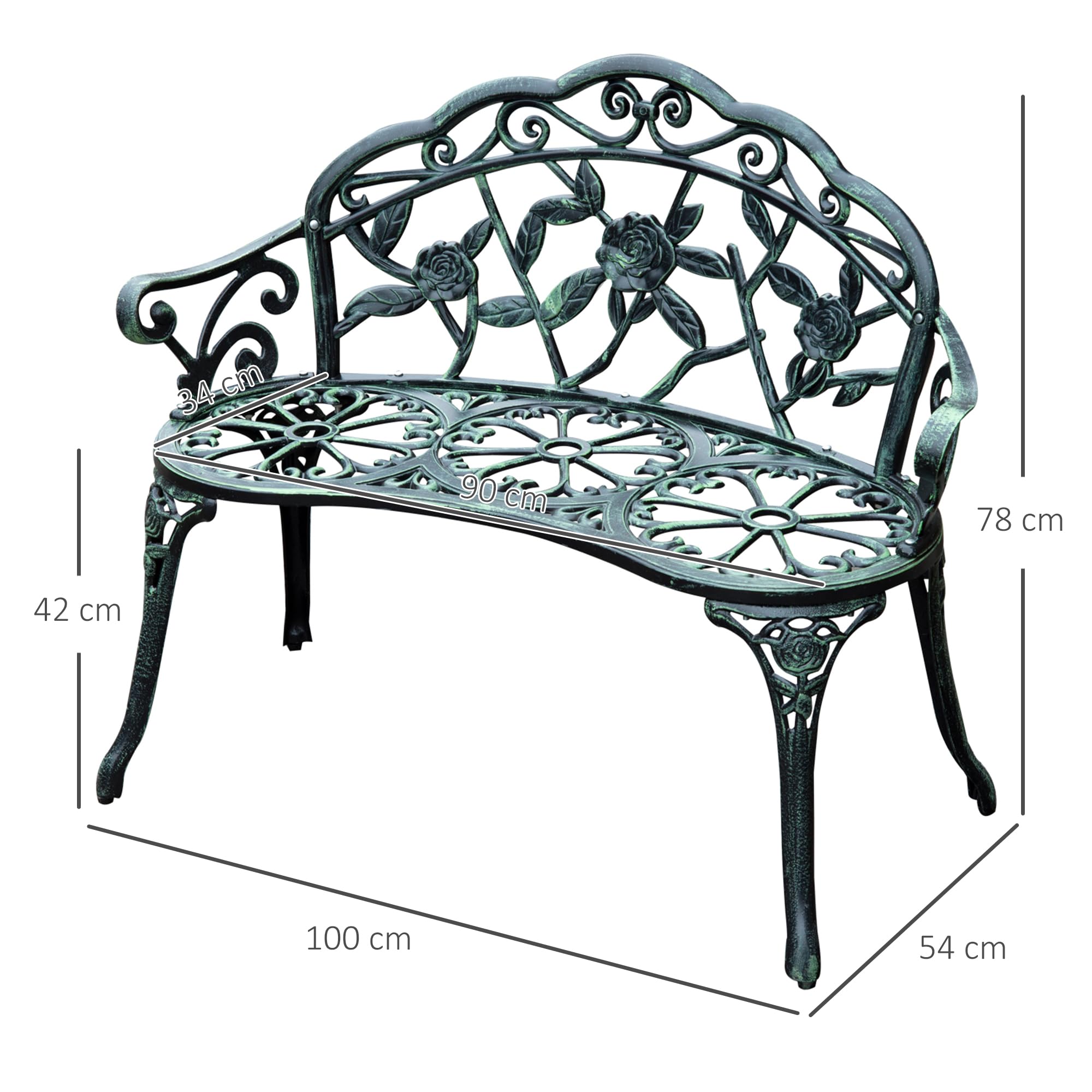 Outsunny Gartenbank 2-Sitzer aus Gussaluminium, Sitzbank im Retro Stil, Parkbank mit Blumenmuster, Balkonbank 240 kg belastbar, für Balkon Terrasse, Garten, 100 x 54 x 78 cm, Antik Grün