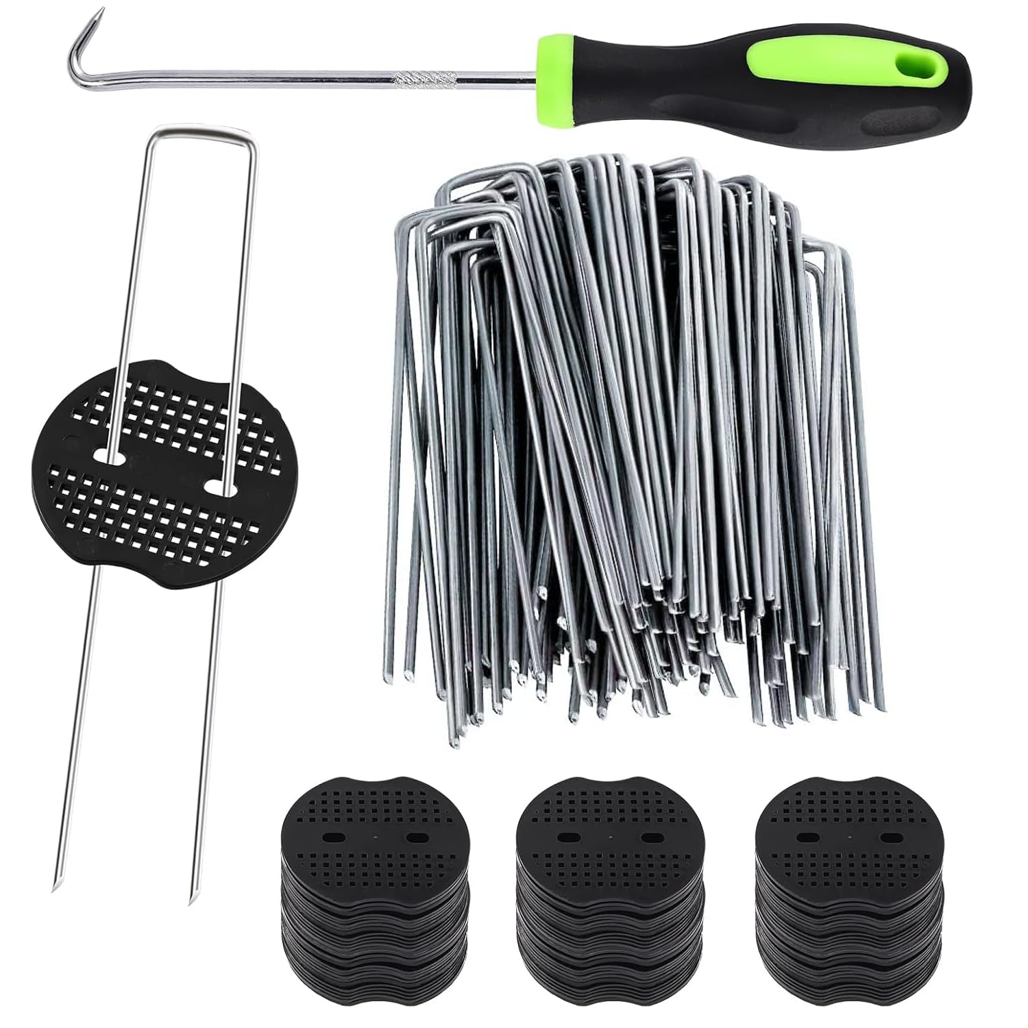 YTIan Heringe Erdnägel Stabil,Unkrautvlies – 100 U-förmige Erdanker (150x40mm, Ø2,5mm) + 100 Pufferscheiben, Unkrautvlies Haken Set für Garten, Rasenkanten, Gemüsebeet & Rohrbefestigung
