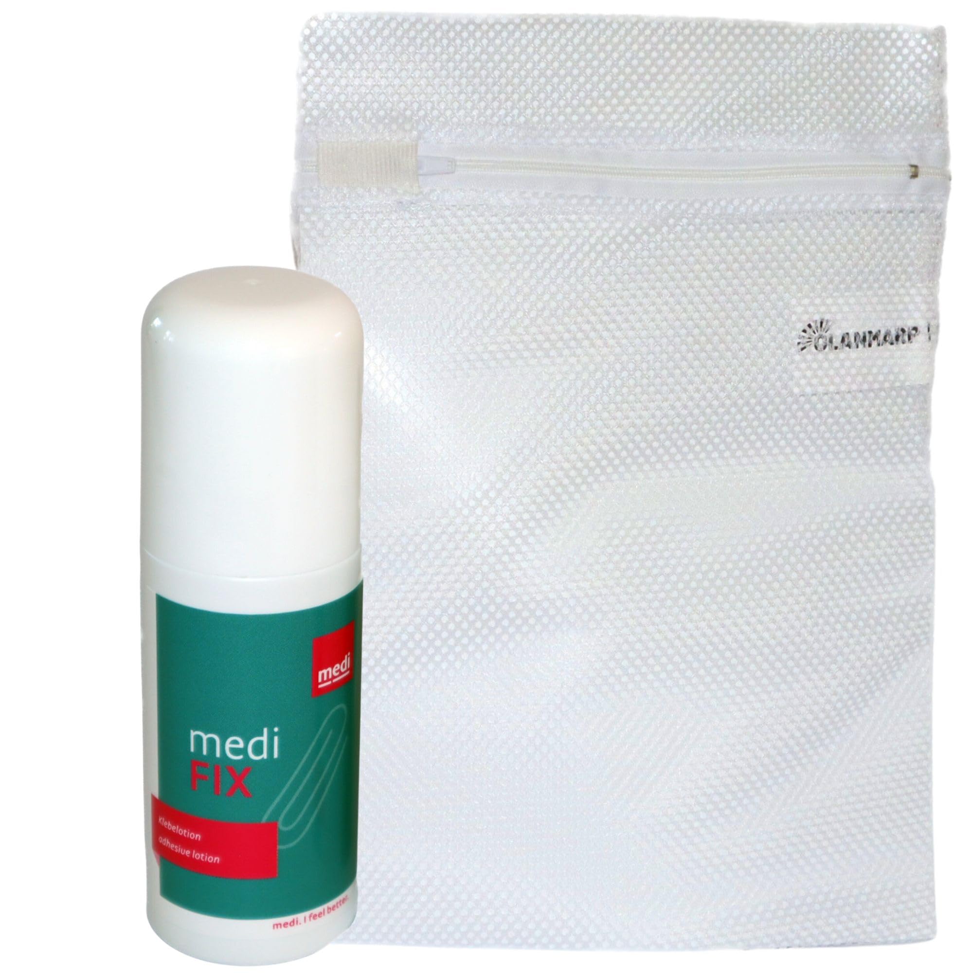Medi Fix adhesivo cutáneo - loción adhesiva para una sujeción segura de las medias de compresión incluyendo la malla de lavandería Olanmarp - 50 ml