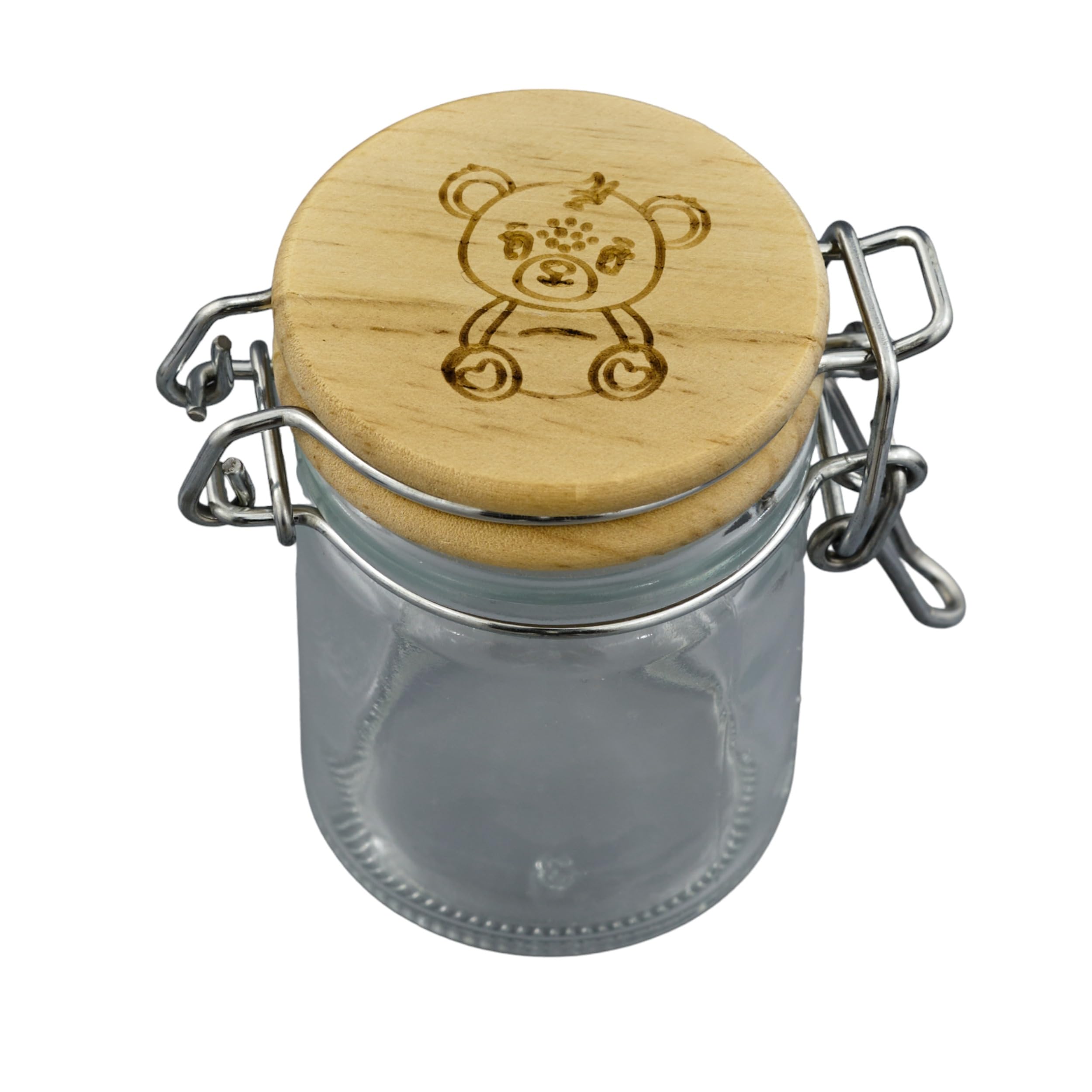 Doni Bomboniere Tarro con tapón de madera para guardar especias, caramelos, peladillas, malvaviscos, bautizos, primer cumpleaños, niño y niña, hermético, grabado tierno con osito de peluche, 12
