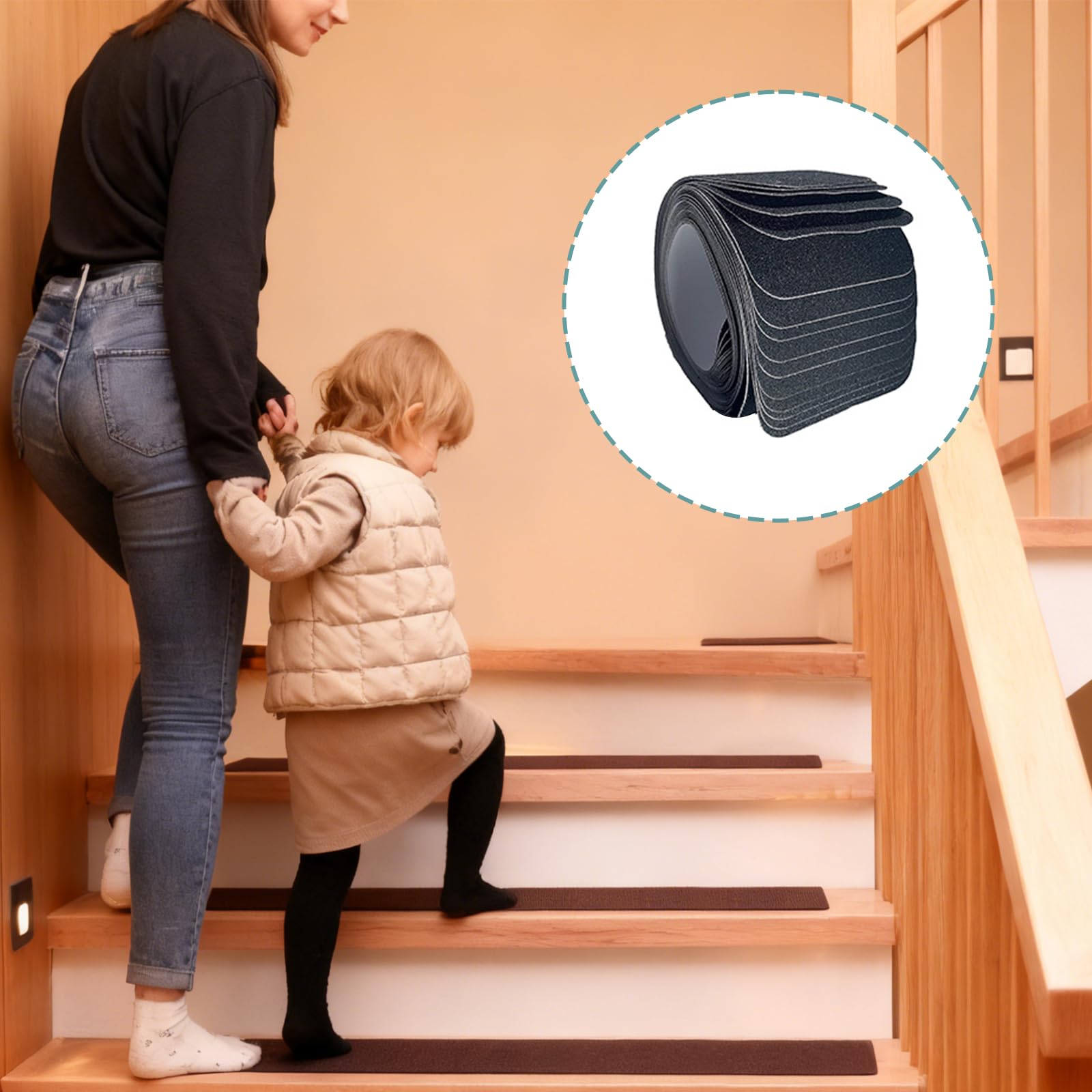 Tappetini per Scale,Tappeto per Scale Interne Set di 12 Tappetini per Gradini, 61 × 10 cm, con Piccoli Rulli,Adatto per Scale Interne