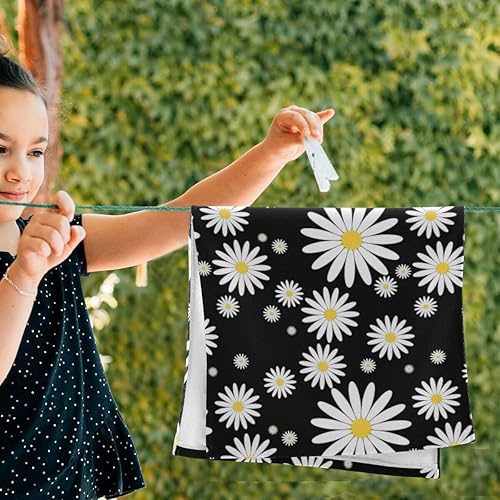 Miniatura 5 de Juego de 2 toallas de mano de flores de margaritas para baño, lindo fondo negro, estampado floral, suave, pequeño, juego de toallas de baño