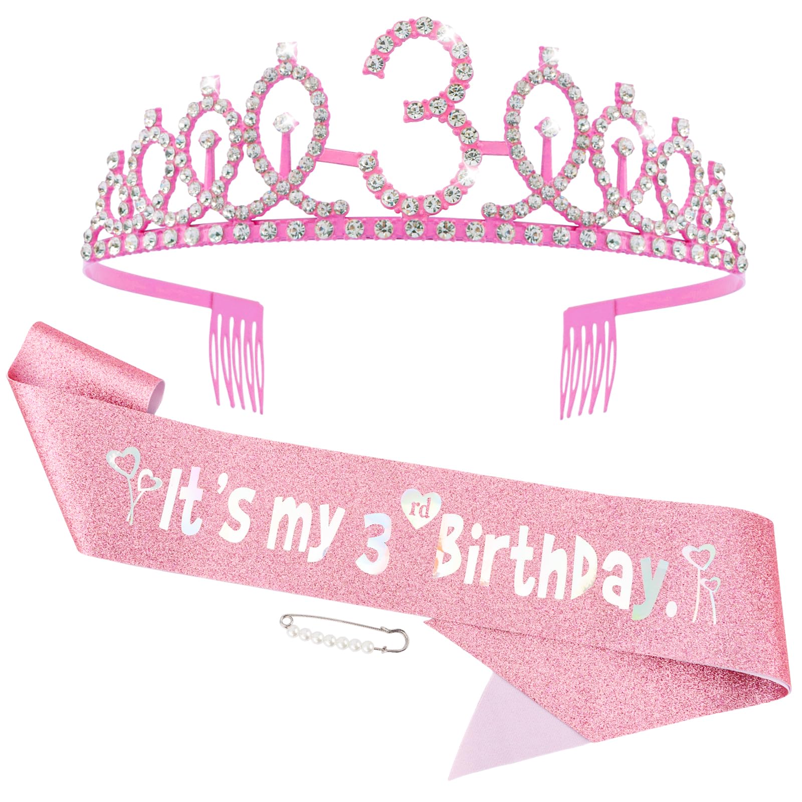Hapdoo 3rd Birthday Decorations for Girls Set - Happy 3rd Birthday Princess Crown and Glitter Sash, 3 Year Old Girl Tiara Party Decorations Supplies