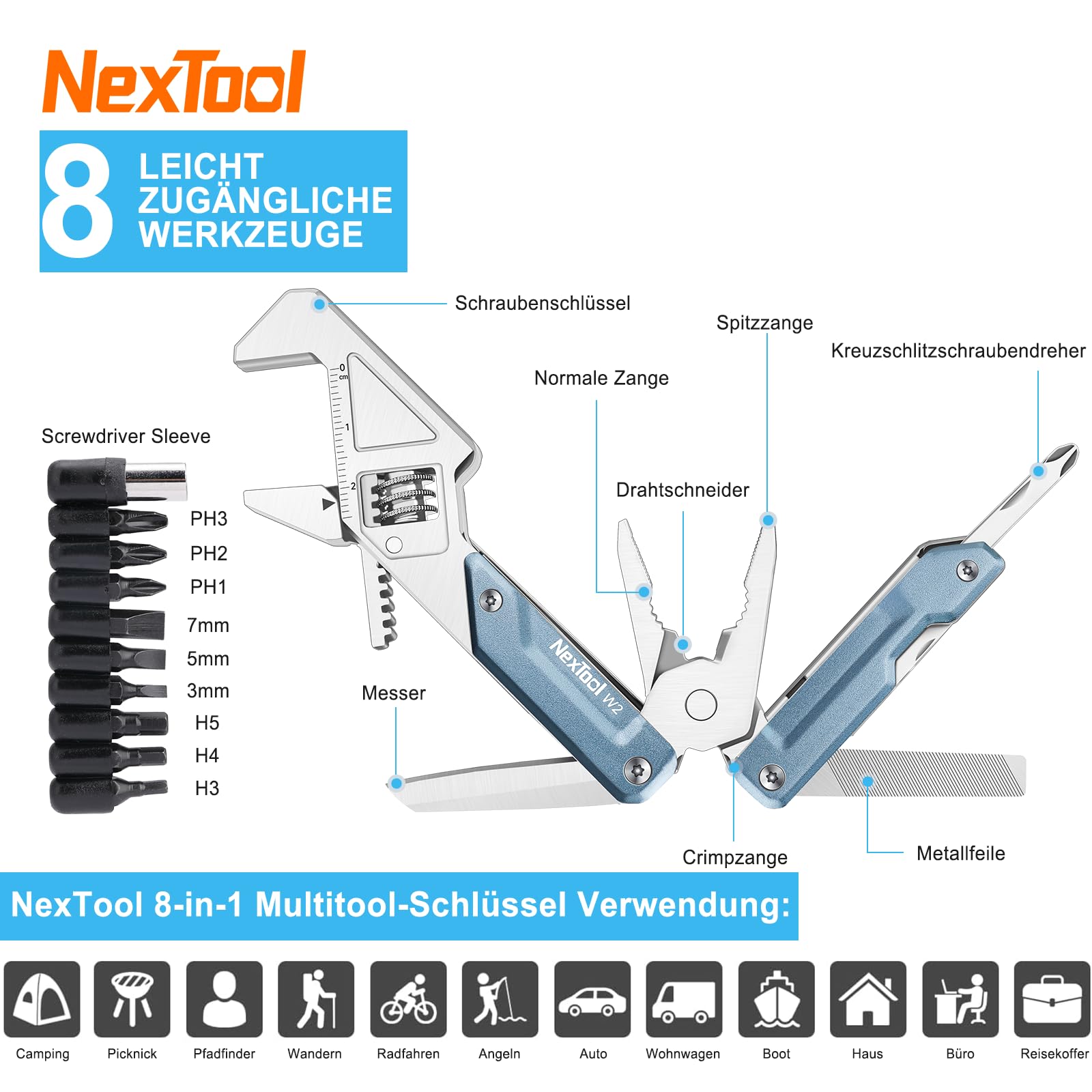 NexTool W2, narzędzie wielofunkcyjne 8 w 1 z kluczem nastawnym, szczypce wielofunkcyjne, nóż kieszonkowy, śrubokręt i pilnik, narzędzie wielofunkcyjne z zestawem bitów 9 w 1 i nylonową pochewką do