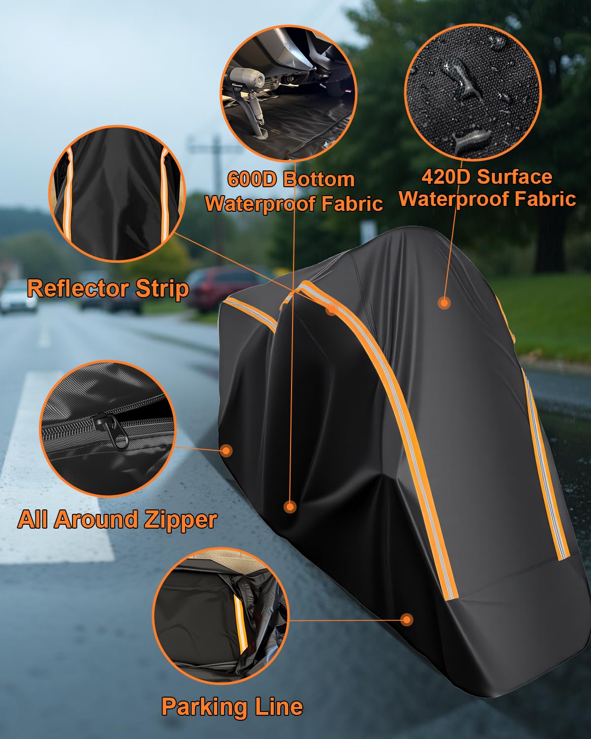 Całkowicie zamknięta plandeka na motocykl, outdoorowa, wodoszczelna, wysokiej jakości plandeka na motocykl z odblaskowymi paskami, do skuterów, skuterów, skuterów, 245 x 115 x 135 cm