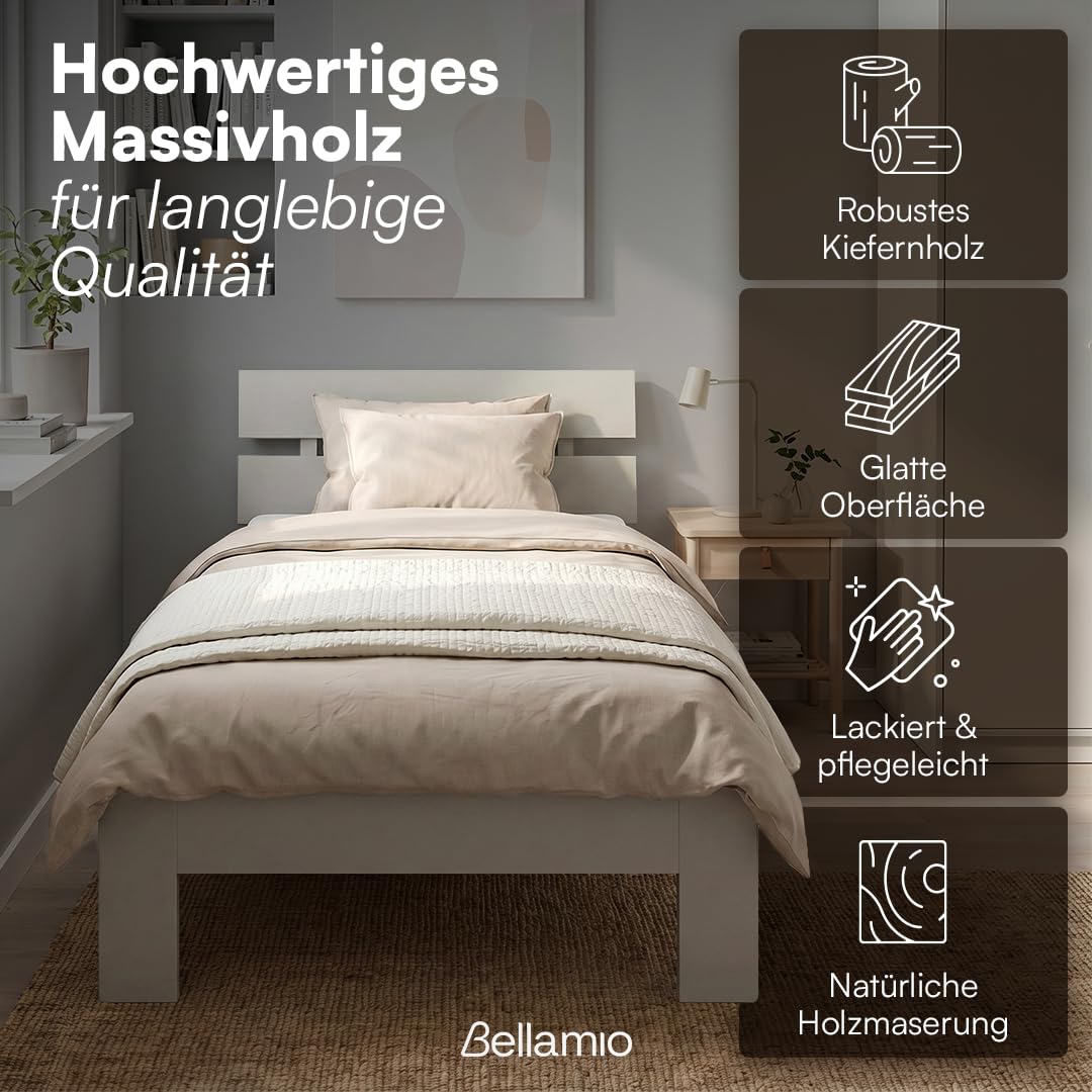 Bellamio Kavir Holzbett 90x200 cm – Massivholzbett mit Lattenrost – Bett aus Kiefer Massivholz in grau lackiert – Bettgestell mit Bettkopf – Stabiler Bettrahmen bis 120 kg – geeignet als Einzelbett