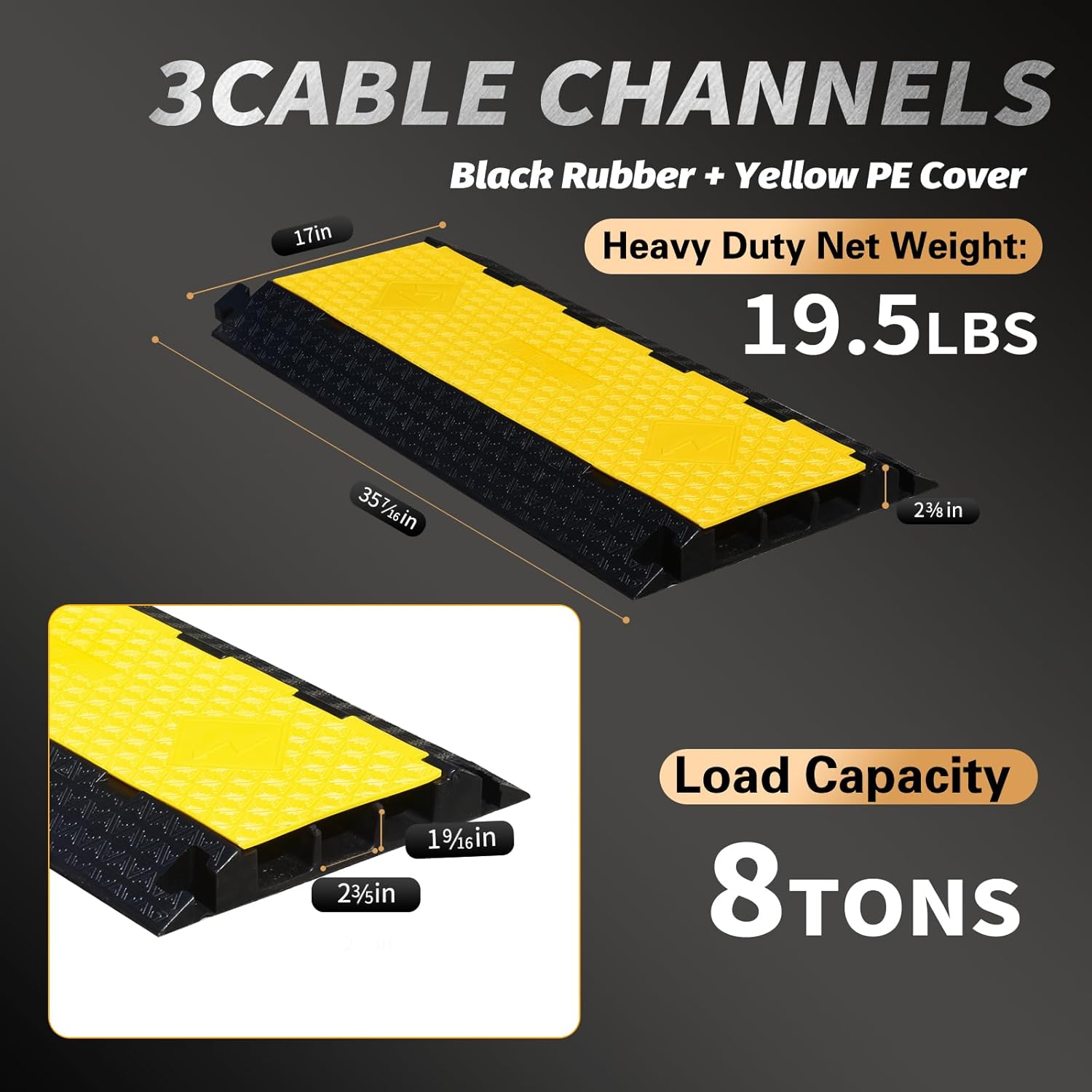2 Pack 17600lbs Load Capacity Cable Ramps Cable Protector Ramp Heavy Duty Rubber Hose Protector Ramp Speed Bump Outdoor (3 Channels, Yellow & Black
