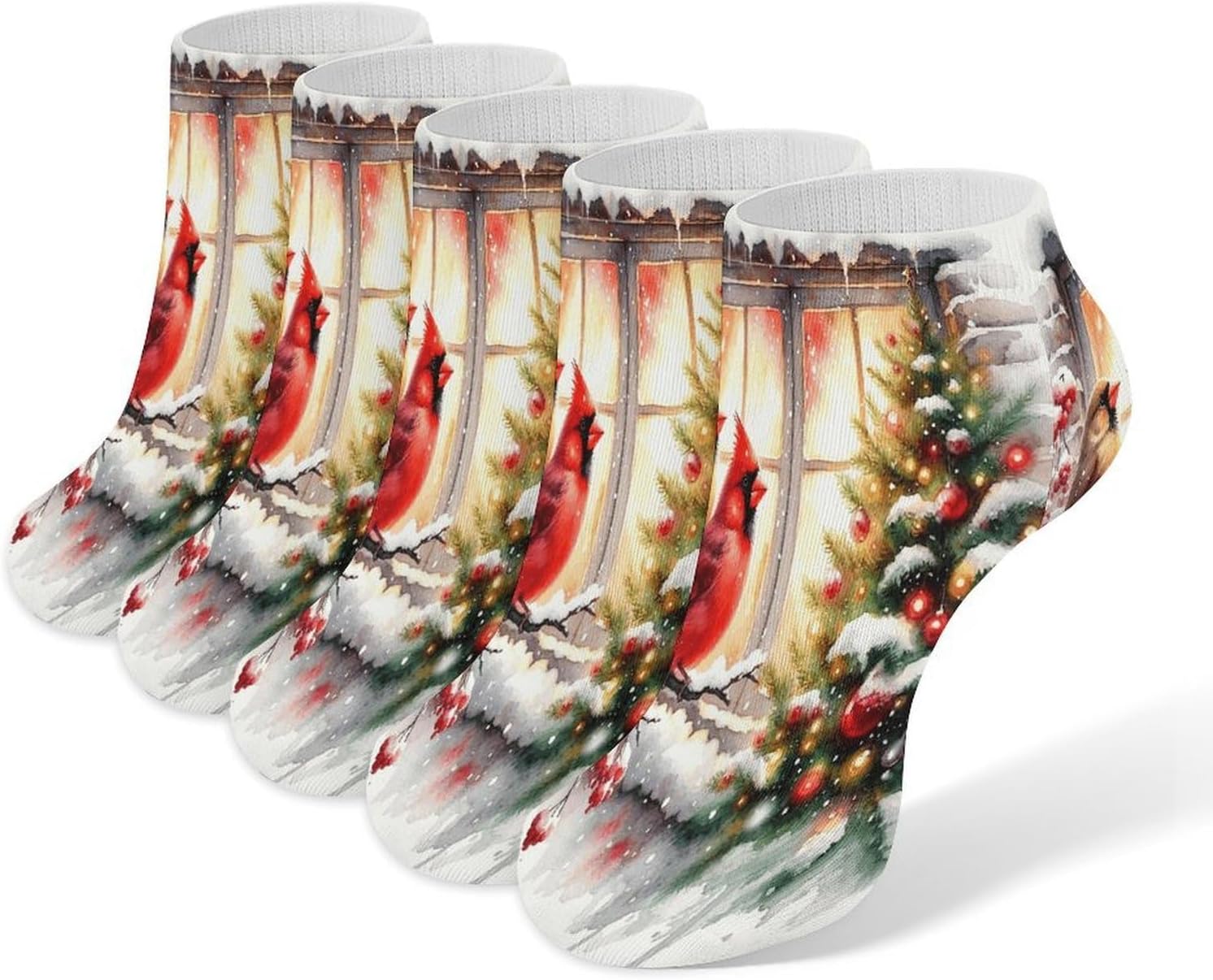 Birds at The Christmas Window 5Pairs Low Cut Ankle Socks for Women No Show Casual Breathable Athletic Socks for Sport