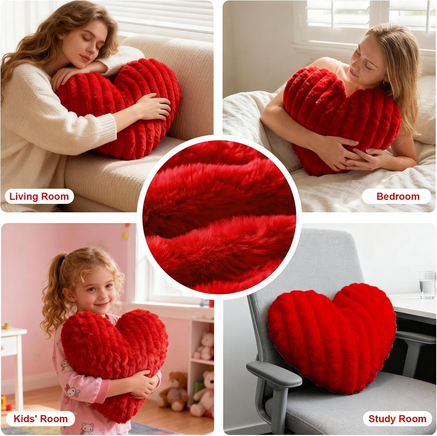 2 Pcs Red Heart Throw Pillows, 16 Inch Soft Fluffy Heart-Shaped Comfort Pillows with Calming Texture, Hug Pressure for Relaxing Moments, Ideal for Sofa, Reading, and Naps (Red)