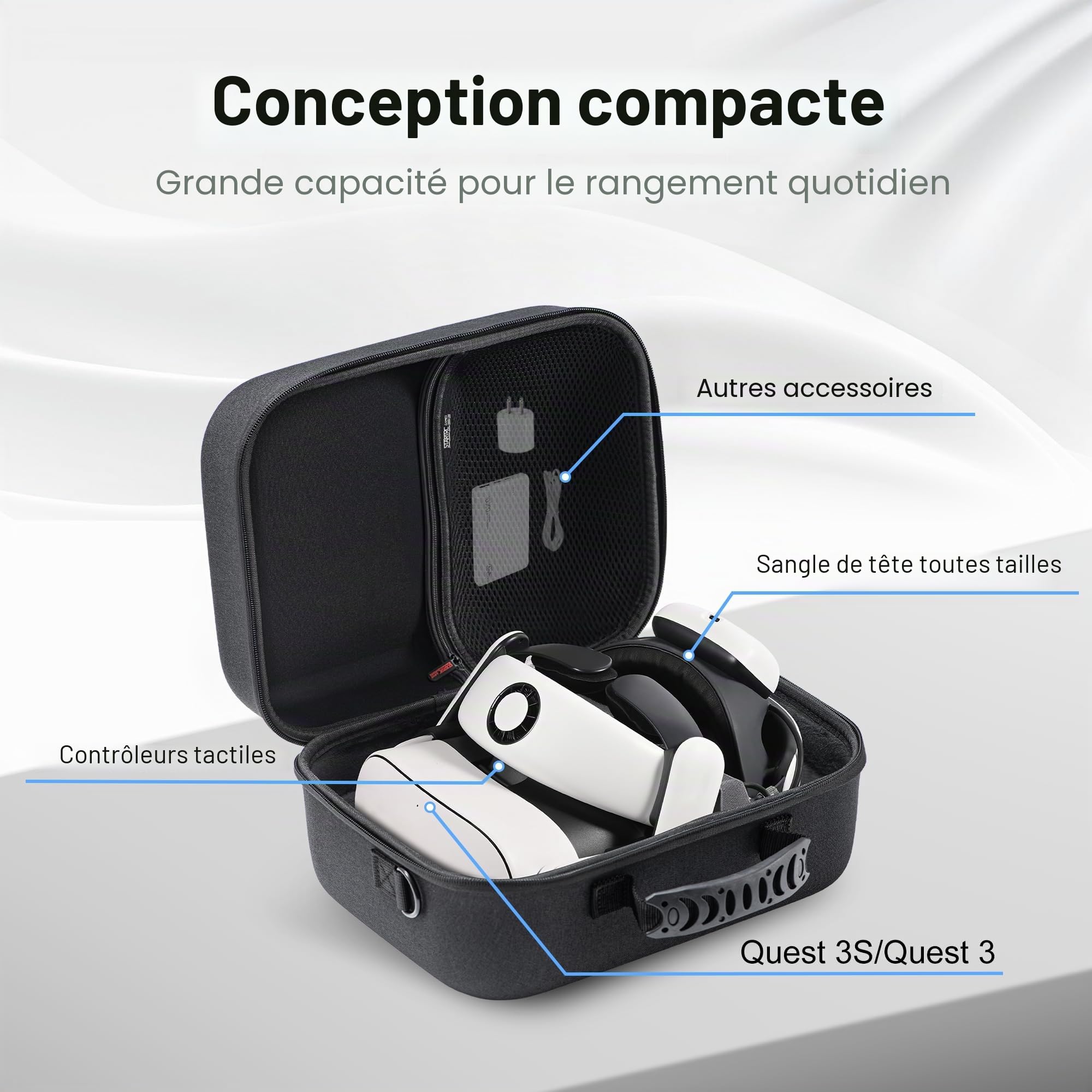Grand étui de transport pour Meta Quest 3S/Quest 3, étui de voyage rigide pour BOBOVR S3 Pro/Kiwi, sangle de tête de batterie, contrôleurs et autres accessoires, sac de voyage portable pour Oculus
