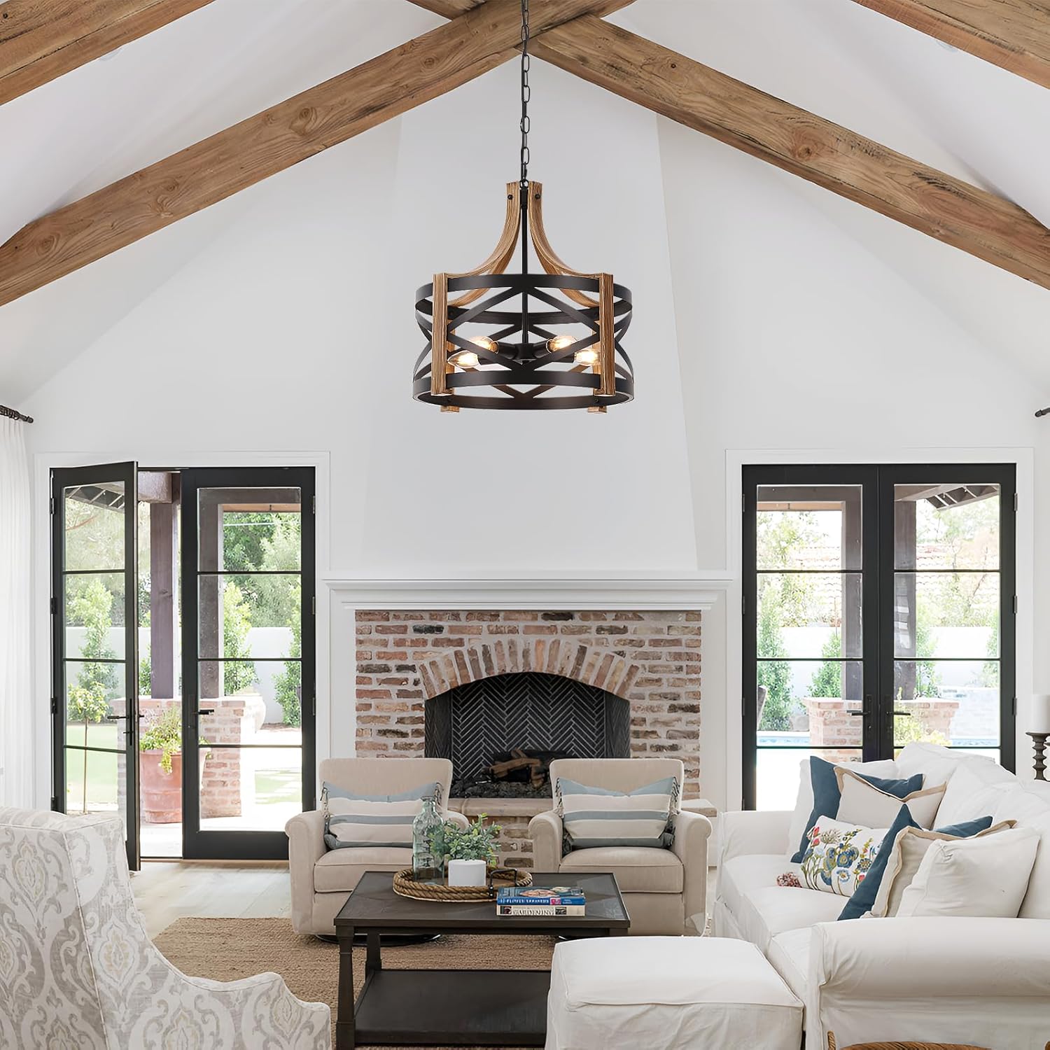 Farmhouse Chandelier for Dining Room Light Fixture, 5-Light Rustic Faux Wood Texture Pendant Lighting with Adjustable Chain for Living Room Bedroom Kitchen Island Foyer Entrance