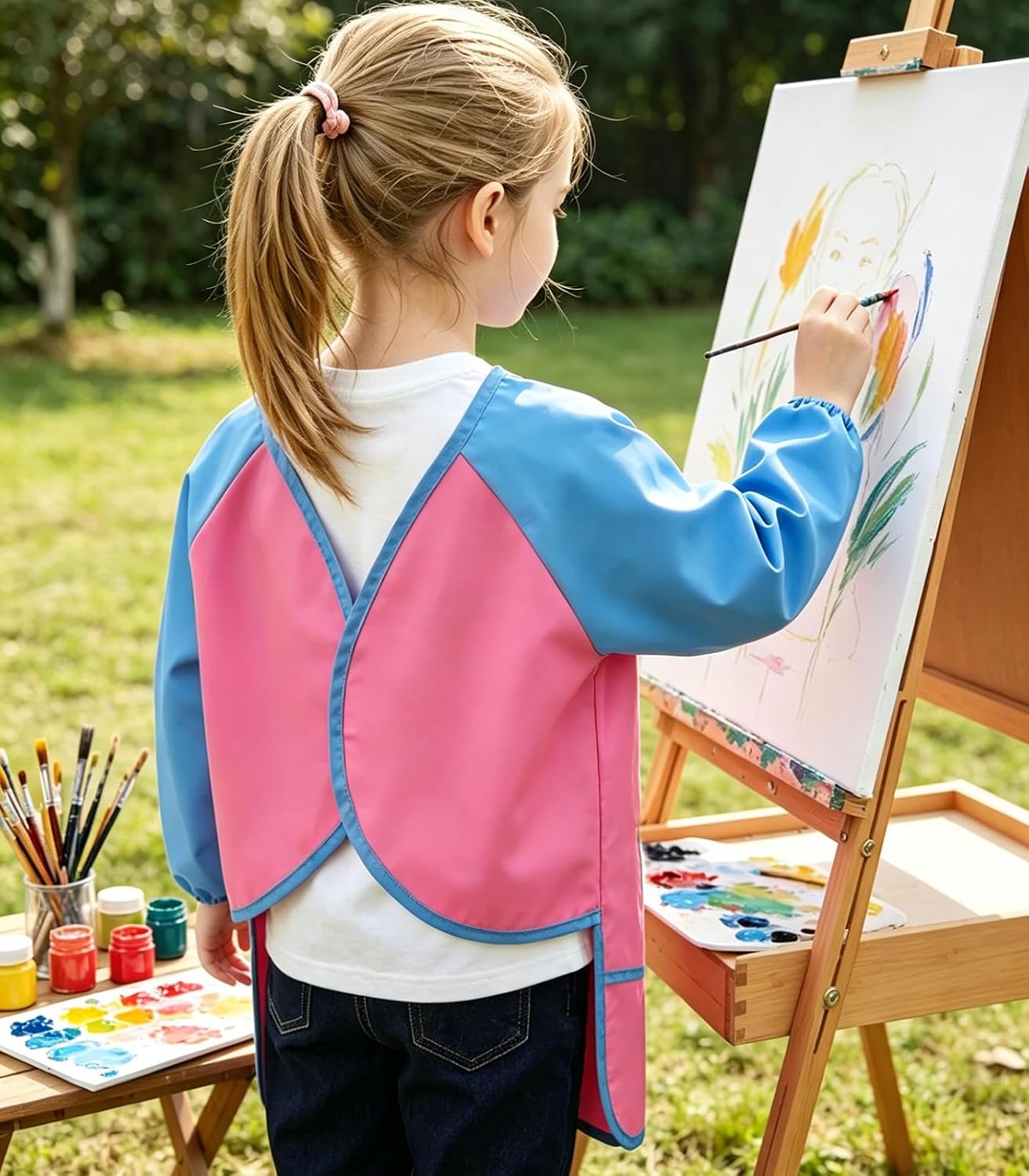 2 Pack Kids Art Smock Waterproof with Long Sleeve and 3 Roomy Pockets Artist Children Aprons for Toddlers Age 3-8 Painting Crafts（Pink） image 5