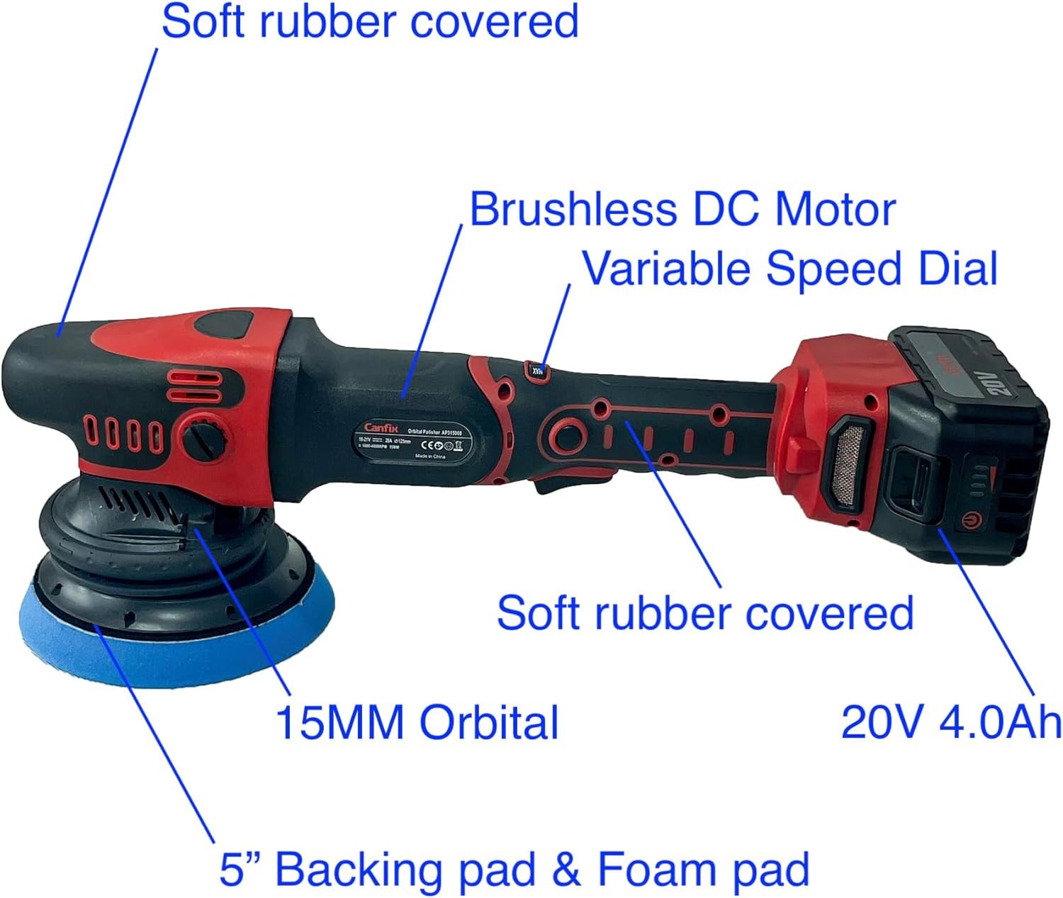 18V Cordless Car Polisher with 15MM Orbital and 5"/6" Buffing Pads
