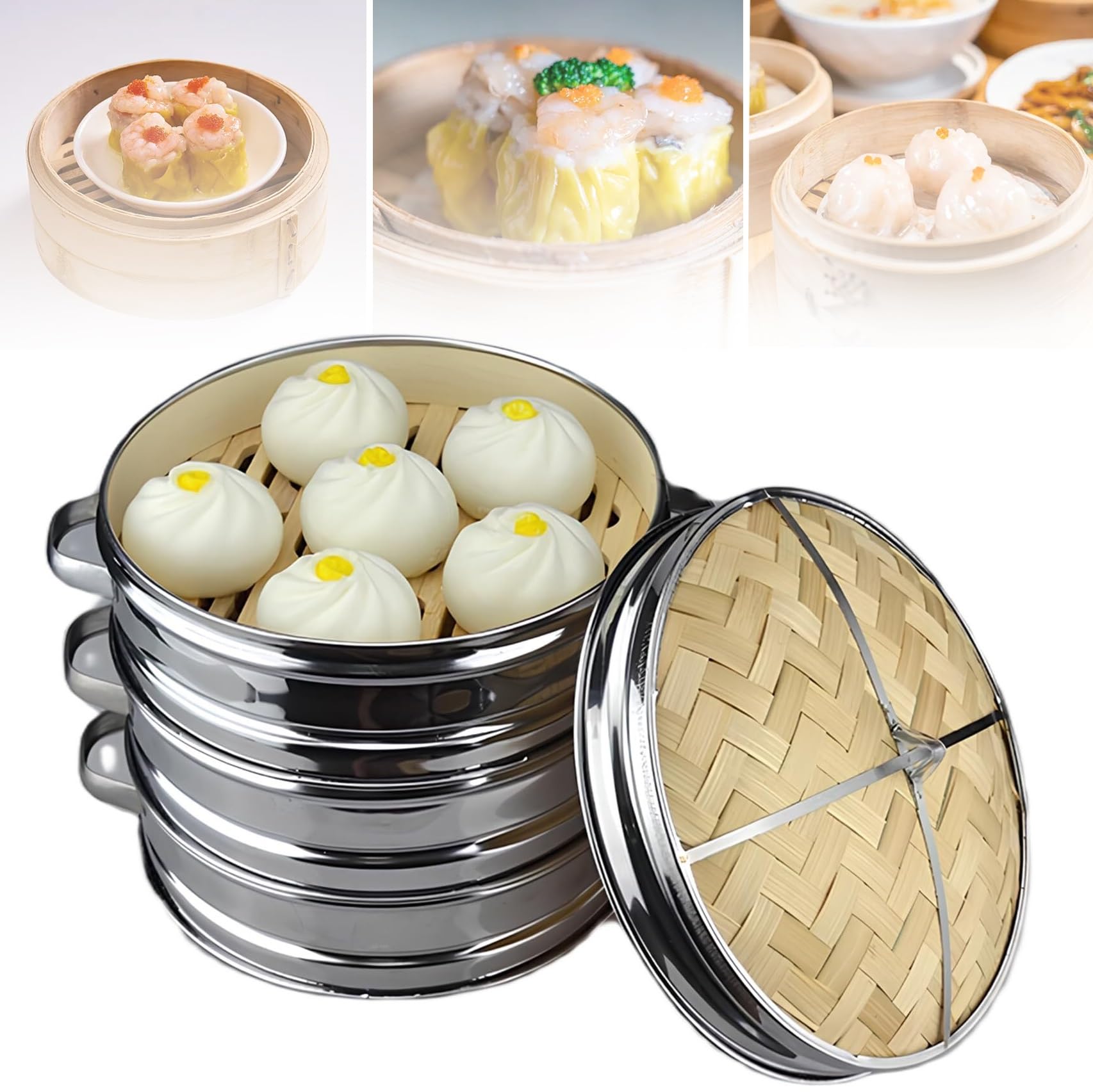 Parowar ze stali nierdzewnej z bambusa, 3-poziomowy parowar do jedzenia Dim Sum z pokrywką, koszyk do gotowania pierogów z uchwytem binauralnym, opcjonalna średnica zewnętrzna 18/20/22/26/30 cm(30cm)