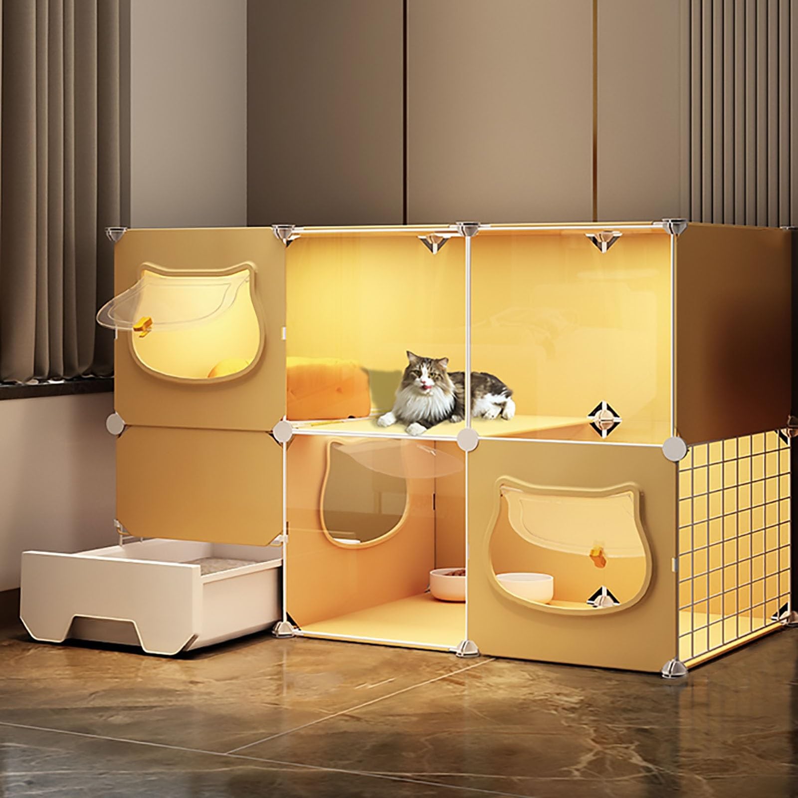 Cage pour chat intérieur niche spacieuse villa animaux parc chaton avec litière