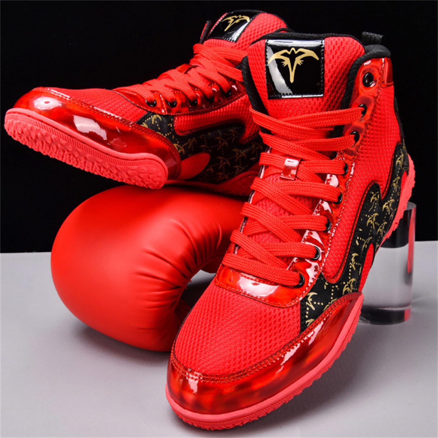 Stivali da Wrestling E Boxe, Scarpe da Combattimento Alte per Allenamento Uomo Donna Kickboxing E Sparring,Rosso,38 EU