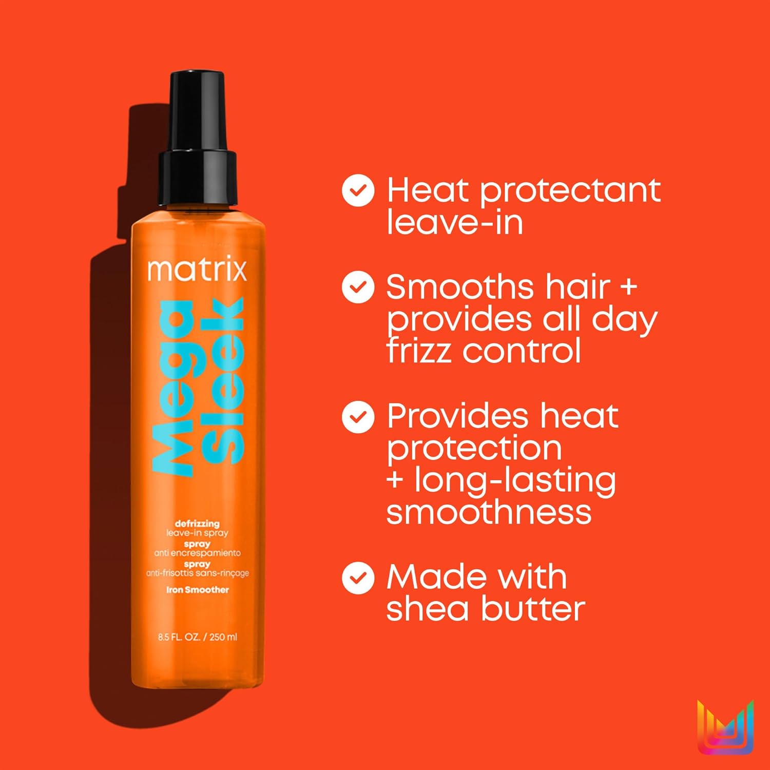 Matrix Mega Sleek Iron Smoother Defrizzing Leave-In Spray - Heat Protectant, Lasting Smoothness, & Anti-Frizz, For All Hair Types, With Shea Butter, 8.5 Fl Oz - Image 3
