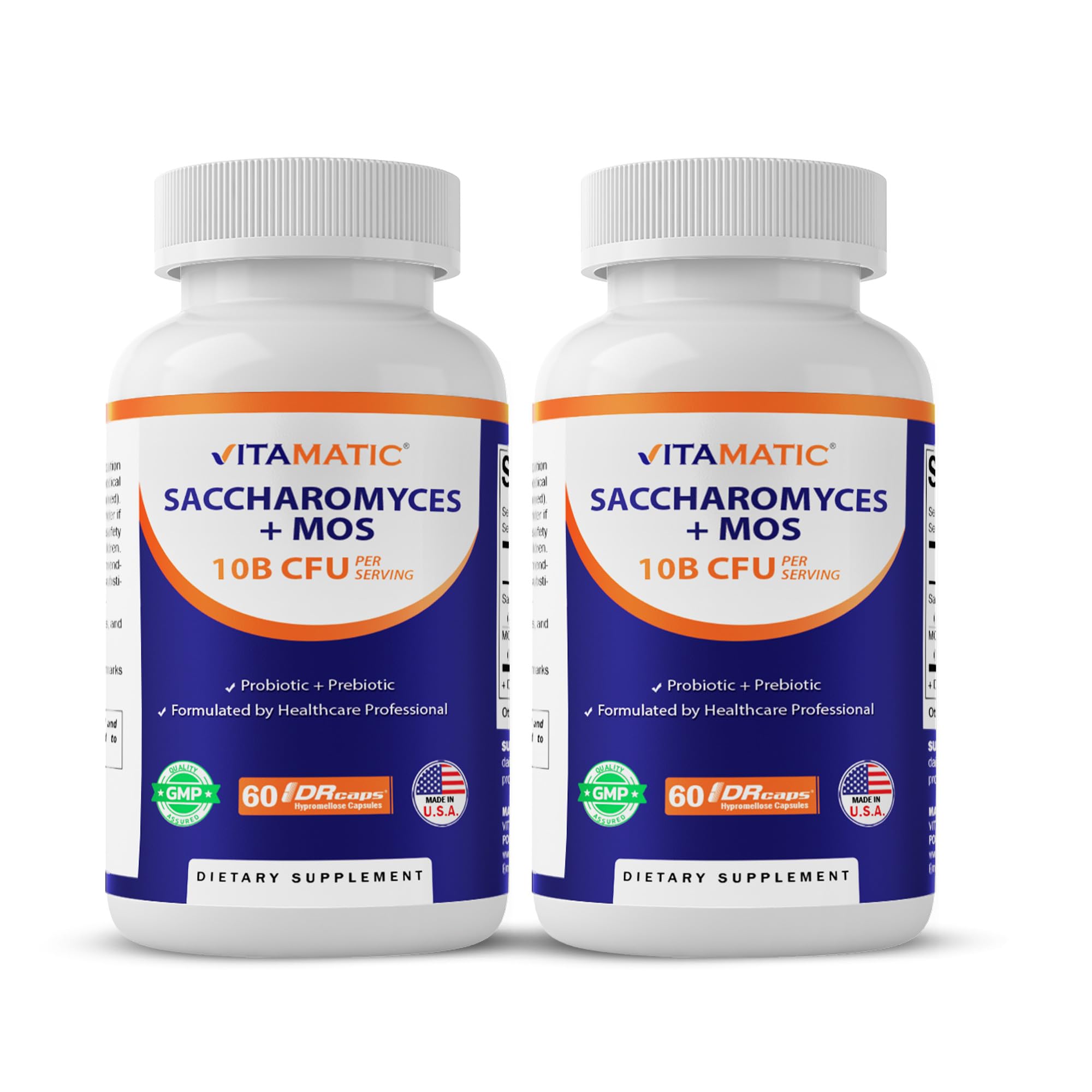 Vitamatic Saccharomyces Boulardii Probiotic 10B per Serving + Yeast Extract (MOS Yeast Fraction) 300 mg - 60 DR Capsules - Made in the USA-2 Pack