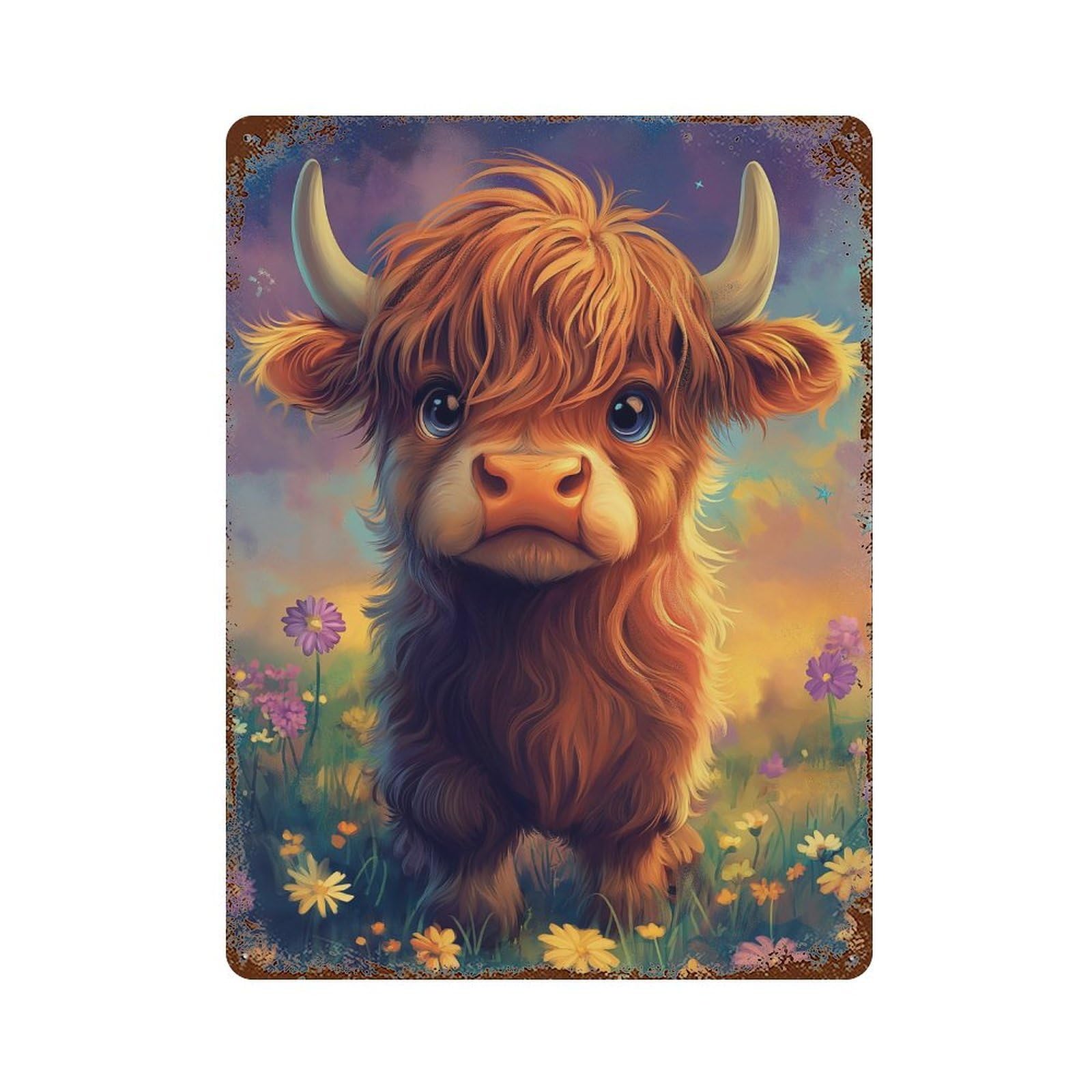 Fantasy Highland Cow Art Print 15.7"x11.8" Weathered Tin Sign, Shabby Chic Decor for Farmhouse, Kitchen And Entryway Decor