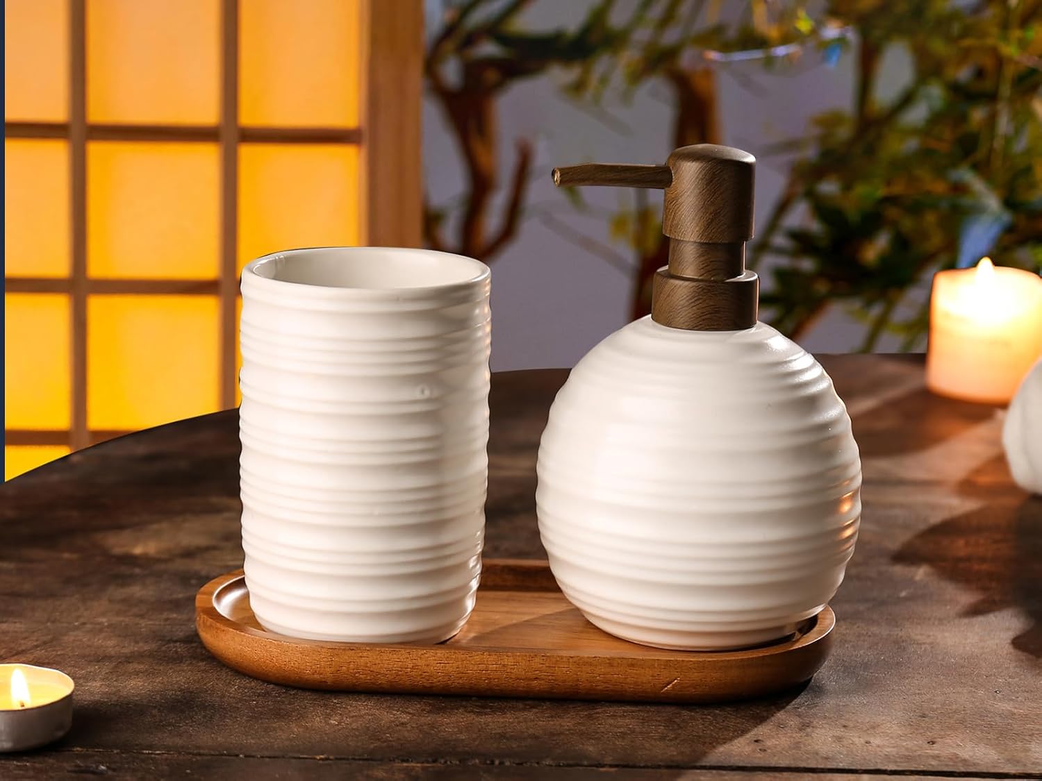 Bathroom Counter Set-Elegant Acacia Wood Tray - Black Toothbrush Holder Set with Soap Dispenser - Toothbrush Holder and Soap Set，3pcs Ceramics Bathroom Accessory Set（White）