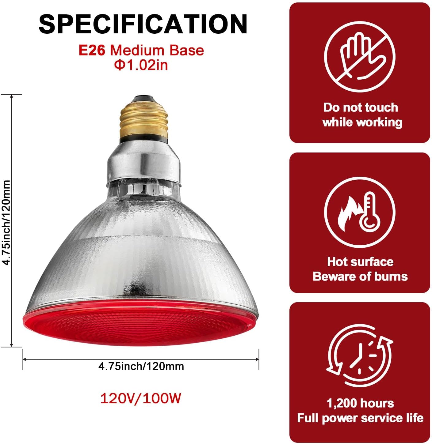 Red Heat Lamp Infrared Light for Reptiles Tanks, Chickens, Food Service, Brooder Bulb, Pet, Bathroom, Light Therapy, 100-Watt, 6-Pack