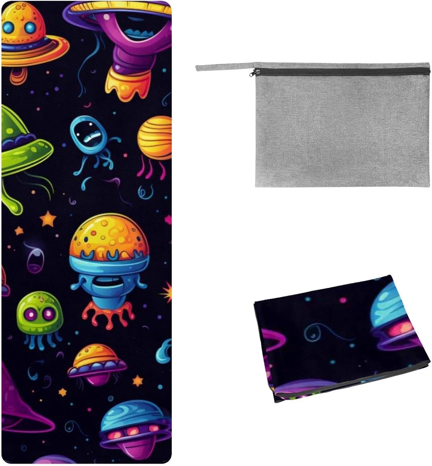 Yoga Towel, Outer Space Alien Pattern Non Slip Sweat Absorbent Hot Yoga Mat Towel for Hot Yoga, Pilates and Fitness - 72.8" x 26.8"